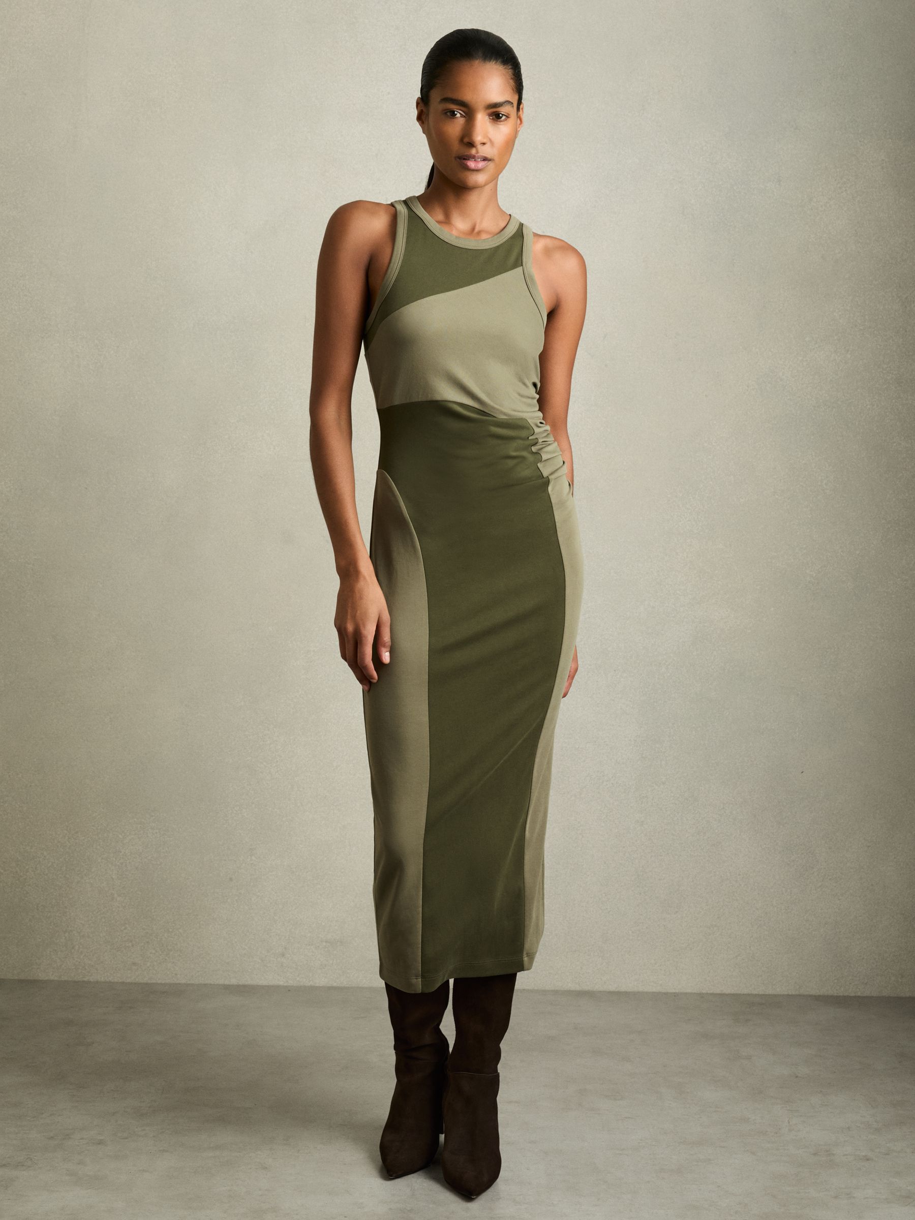 Colourblock Jersey Bodycon Dress in Khaki