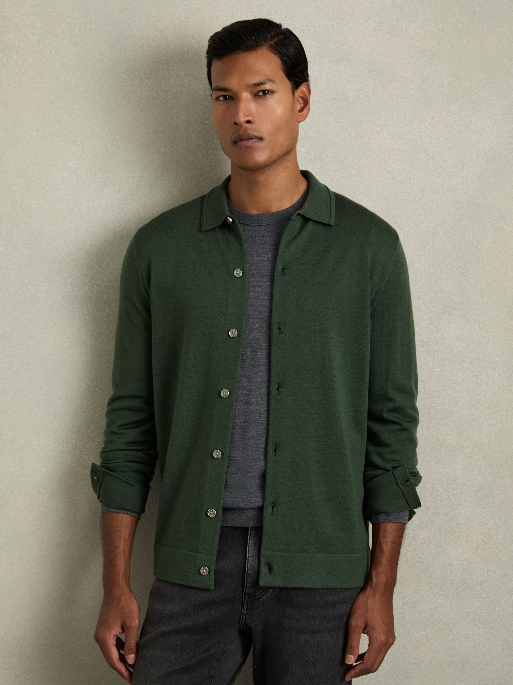 Merino Wool Button-Through Cardigan in Dark Kale Green
