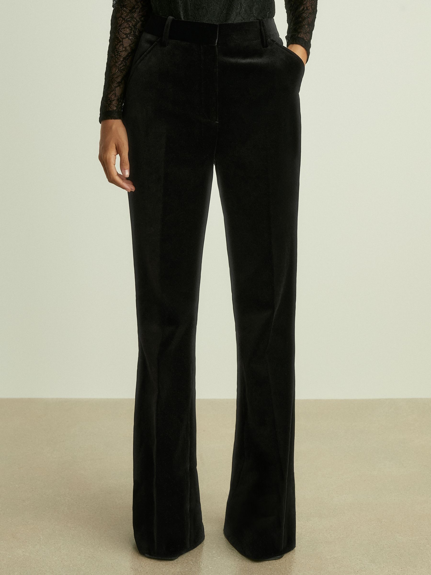 Velvet Flared Suit Trousers in Black