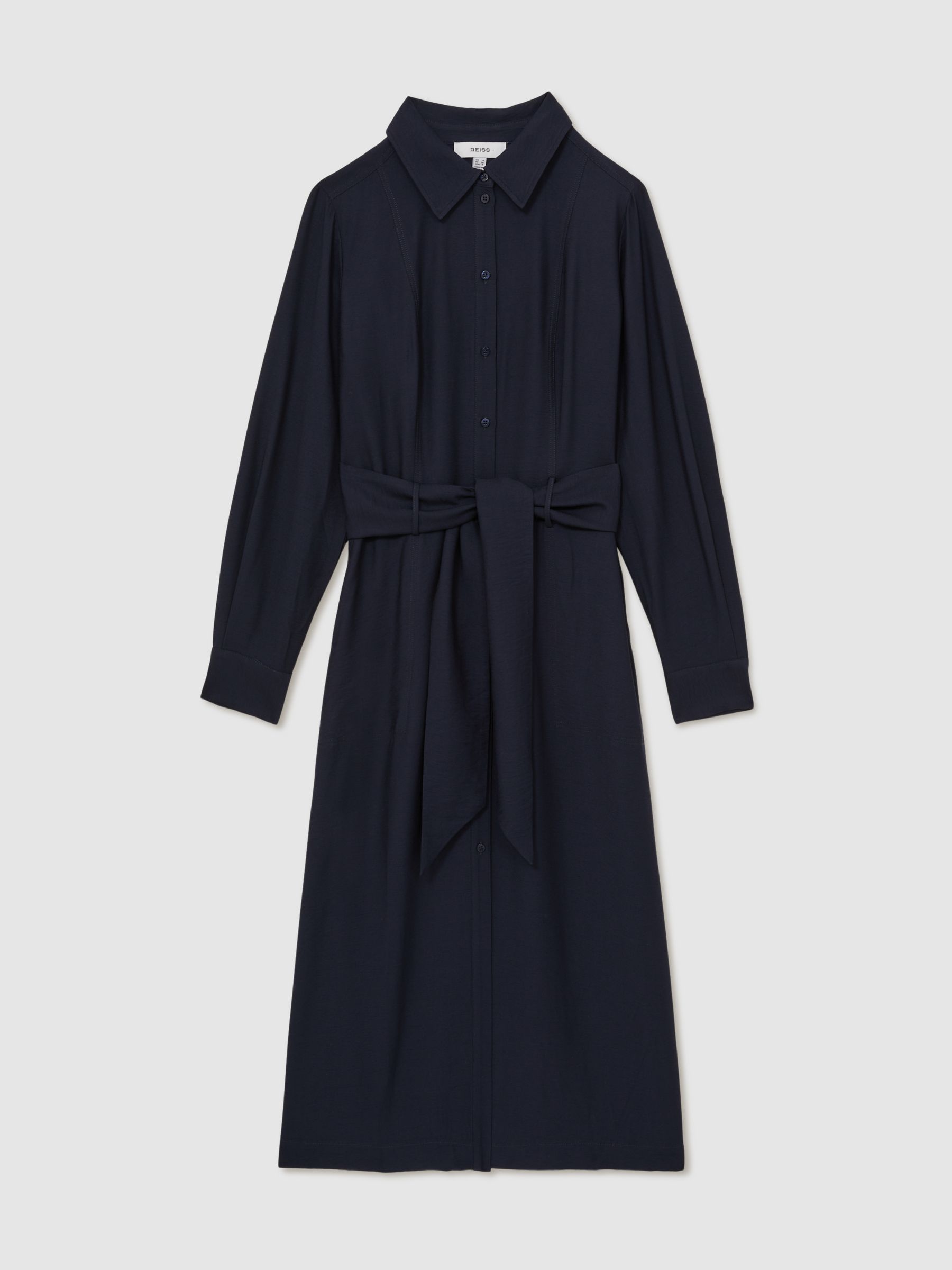 Long-Sleeve Belted Midi Dress in Navy