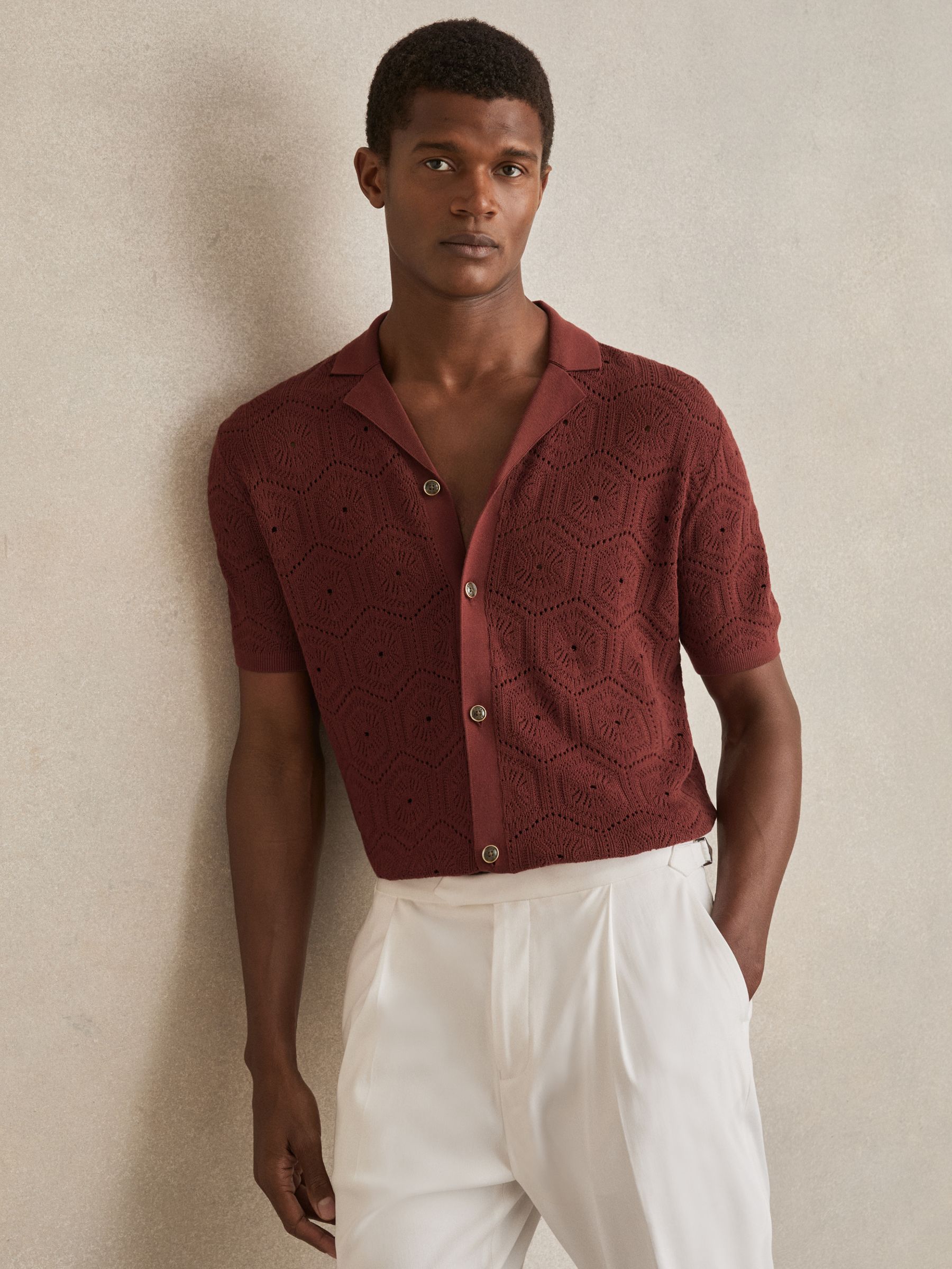 Pointelle Button-Through Shirt in Brick Red
