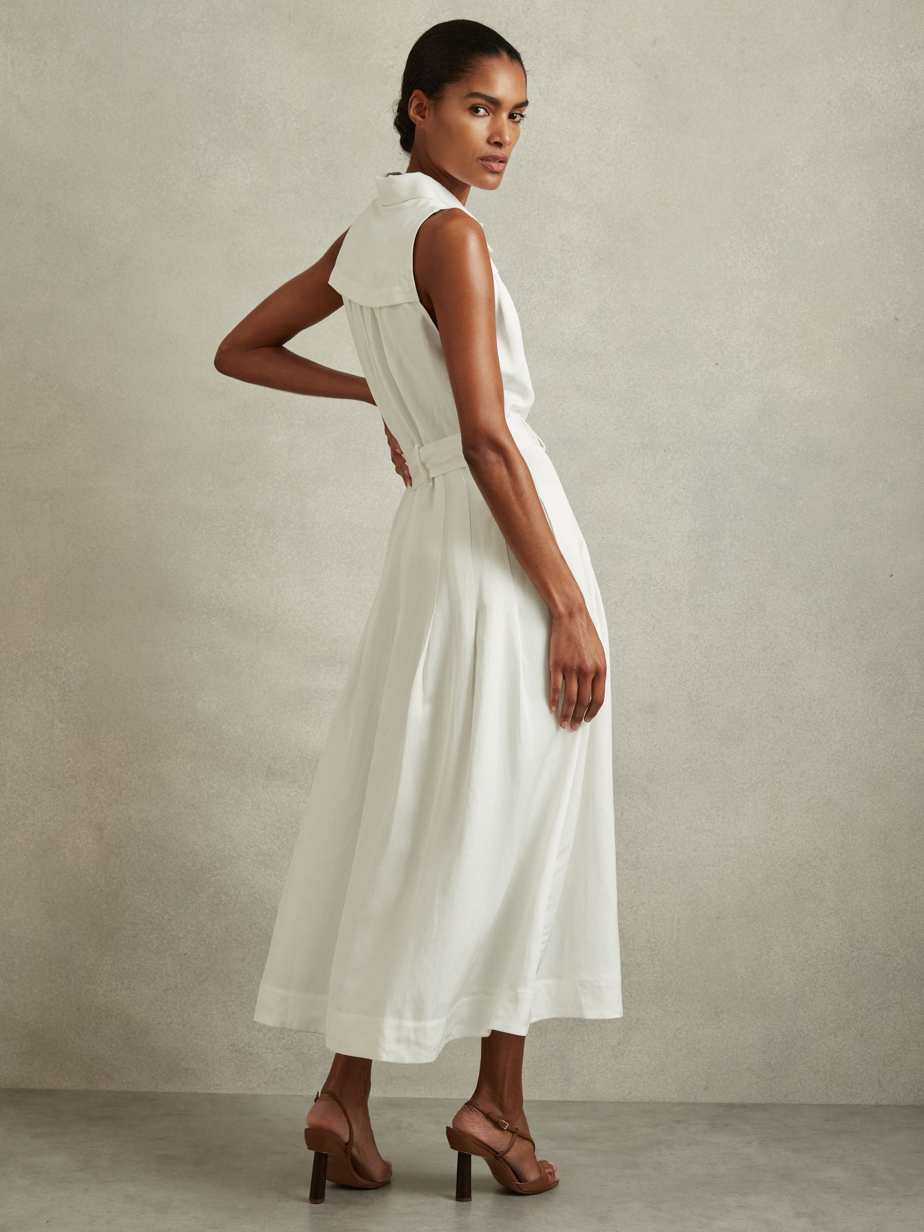 Viscose-Linen Belted Midi Dress in White