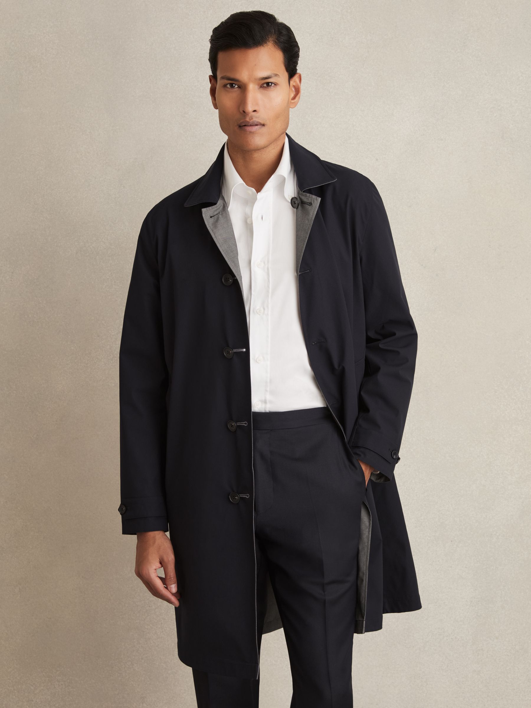 Reversible Mid-Length Coat in Navy/Grey