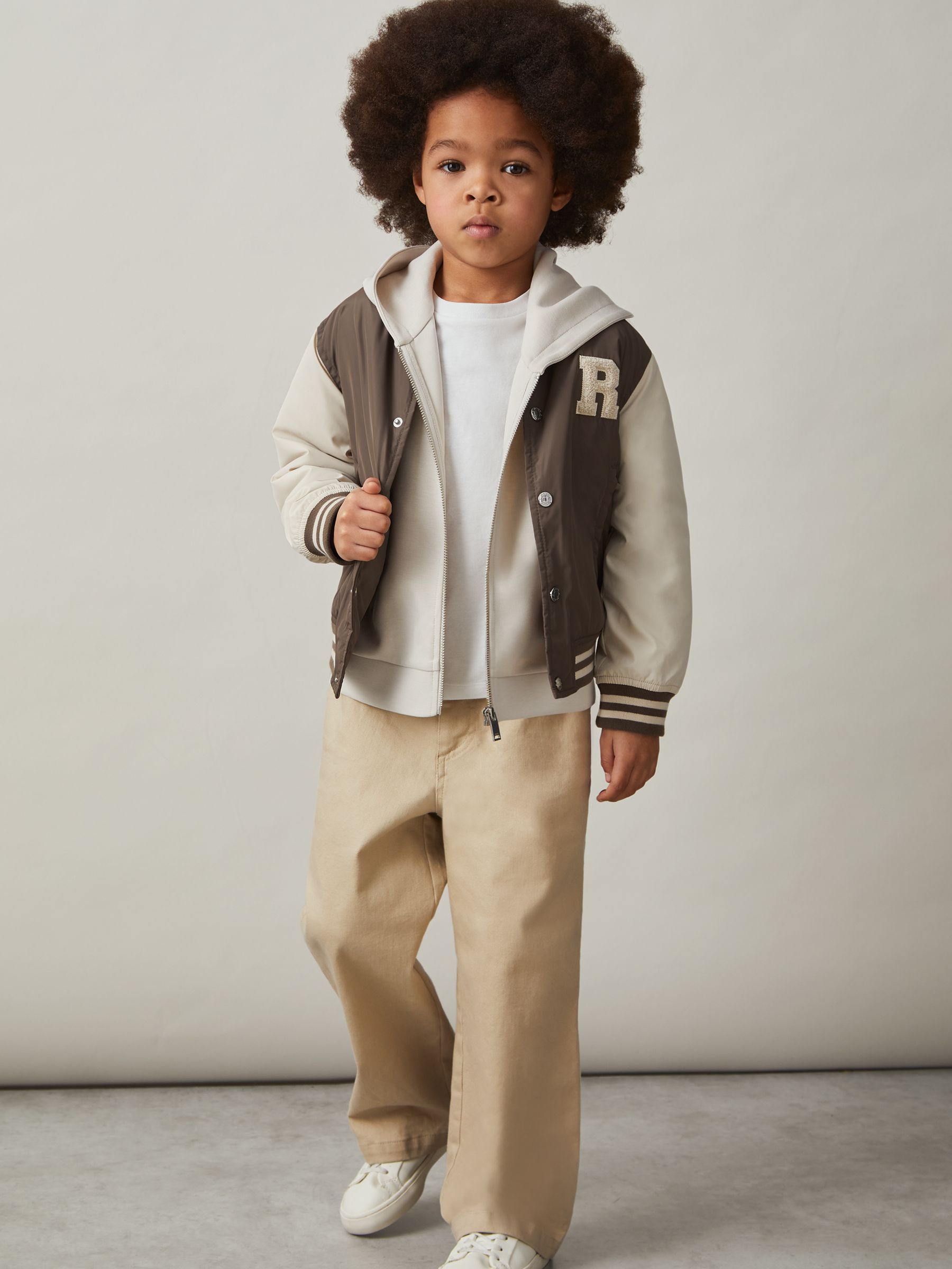 9-13 yrs Colour-Block Varsity Bomber Jacket in Mink Brown/Off White