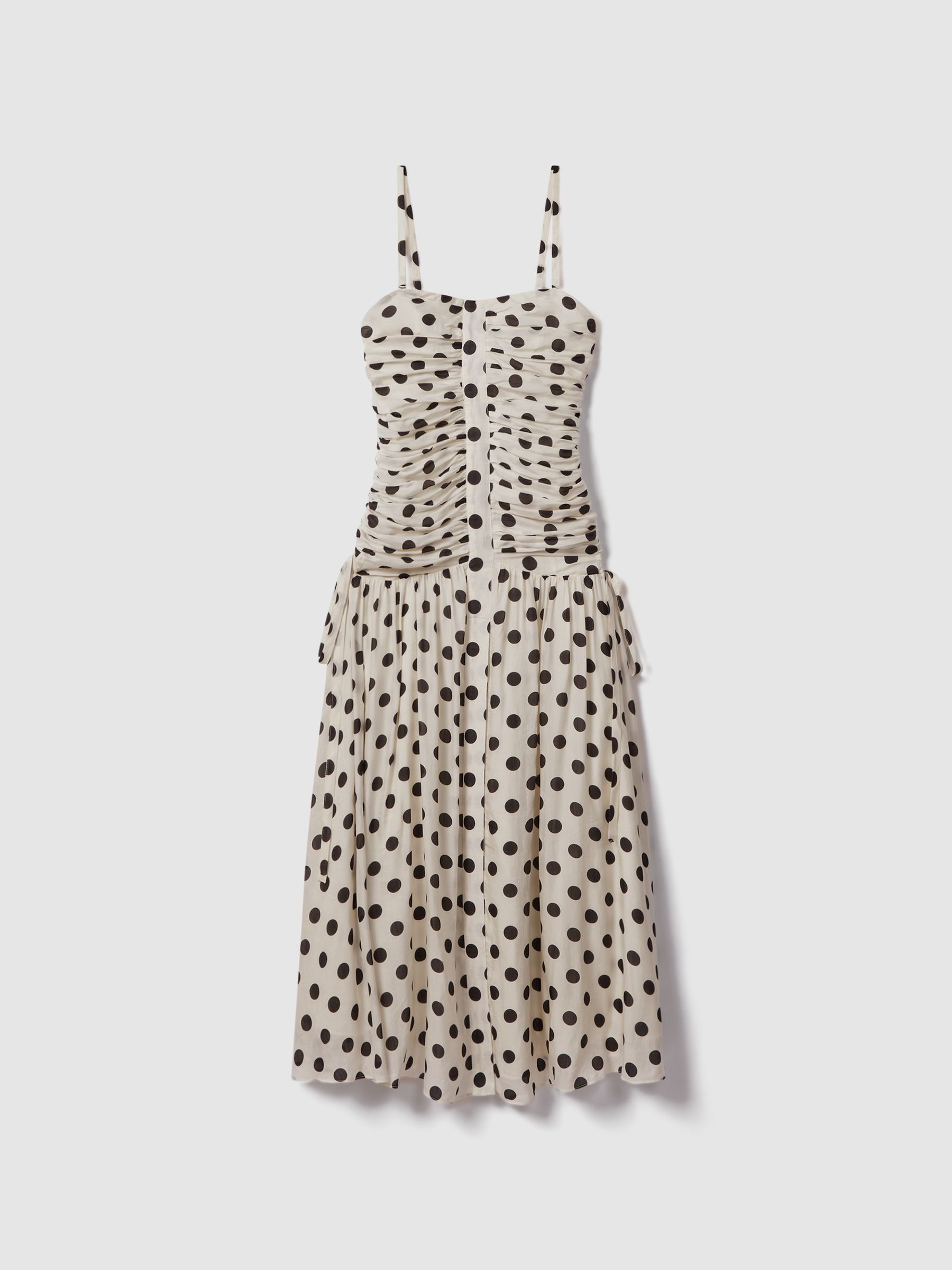 Viscose Linen Polka Dot Ruched Maxi Dress in White/Black
