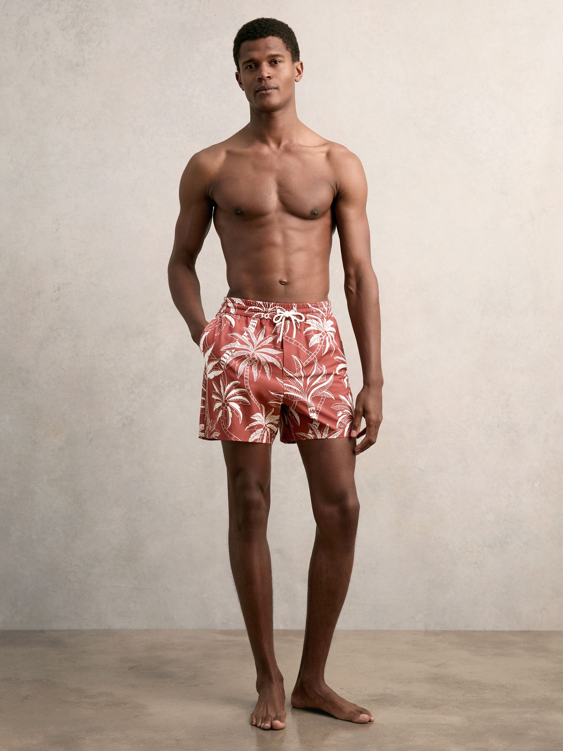 Palm Print Swim Shorts in Brick Red/White