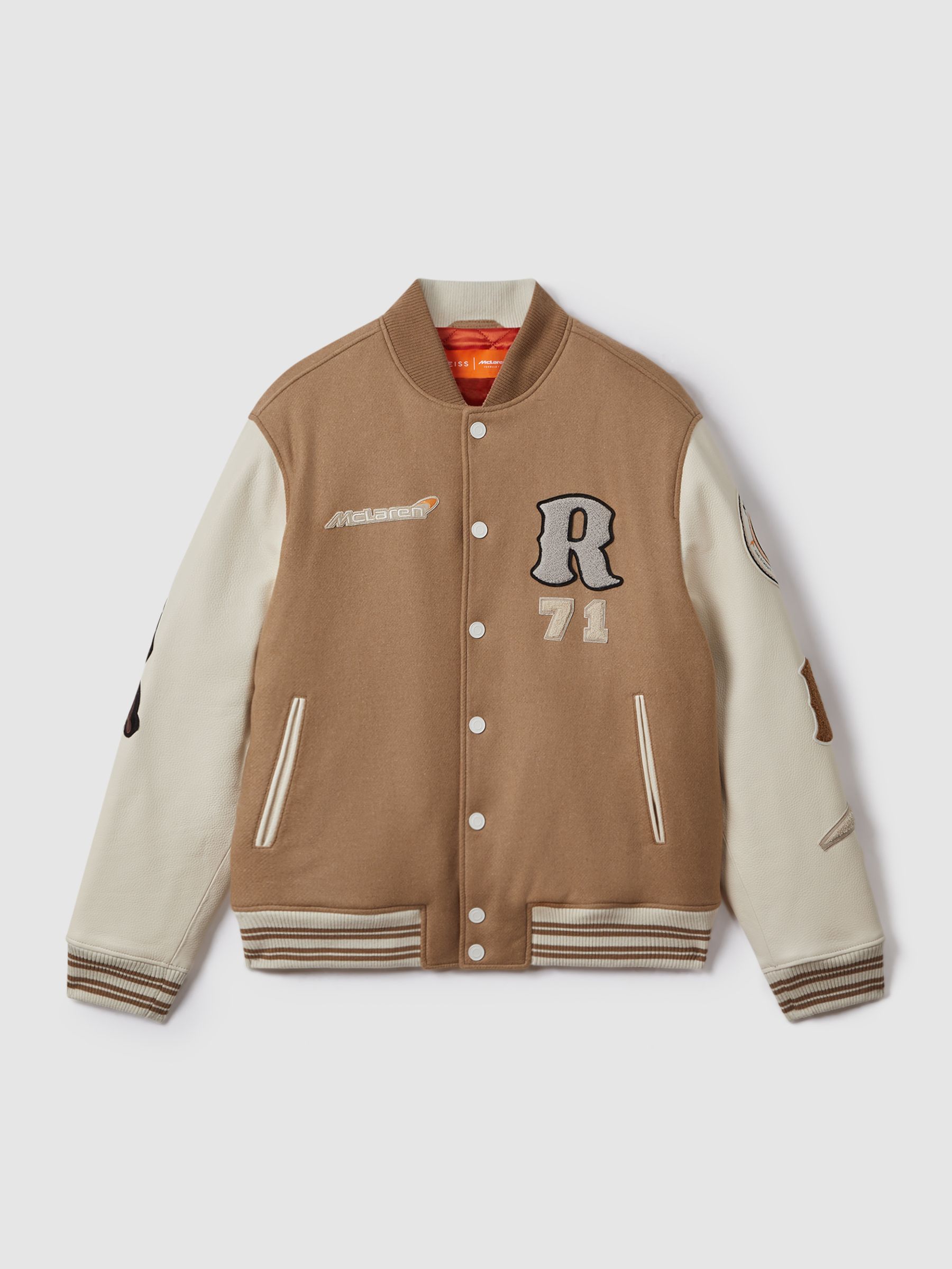McLaren F1 Leather Varsity Jacket in Camel/Ecru