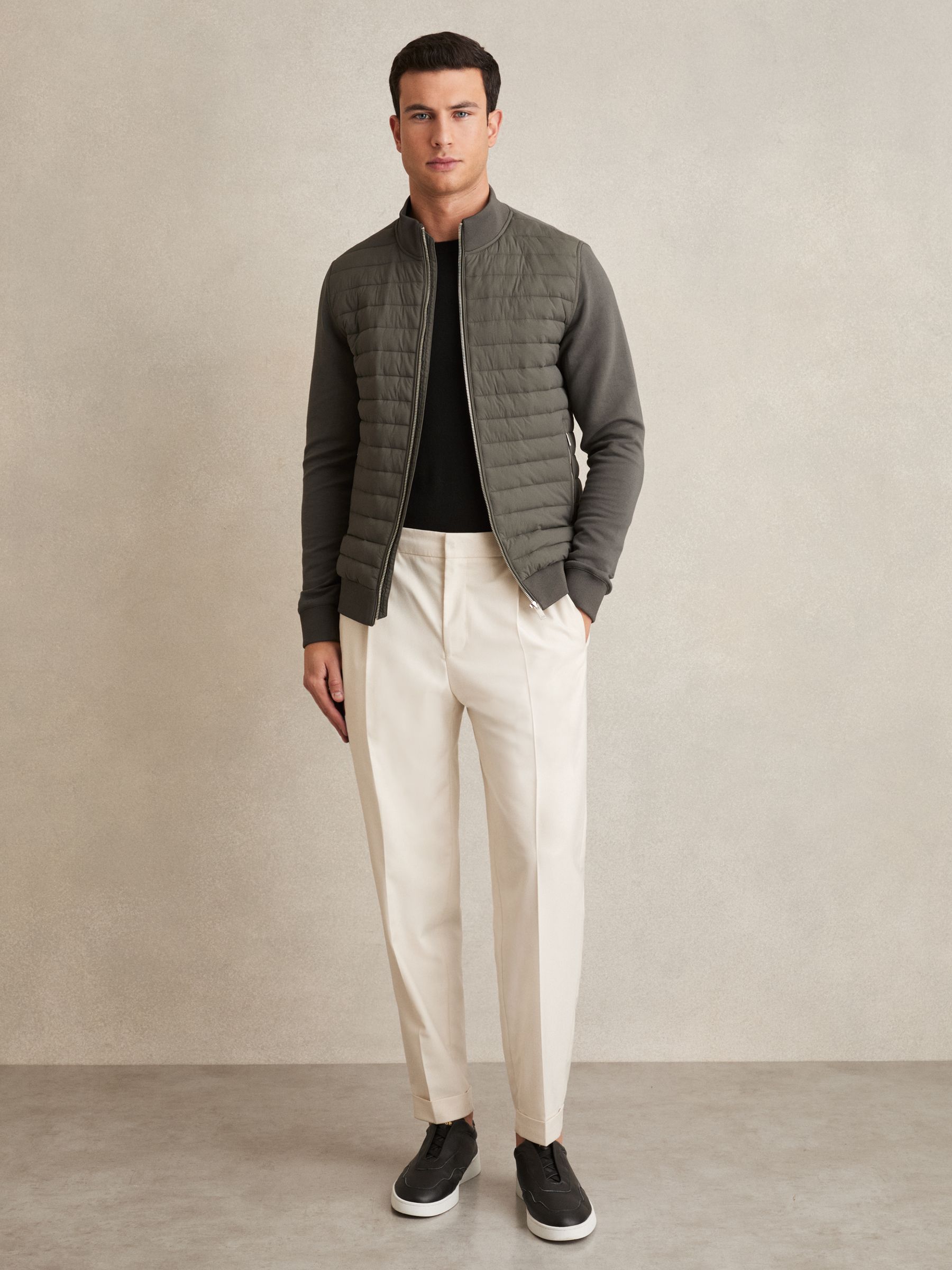 Hybrid Quilt and Knit Zip-Through Jacket in Sage