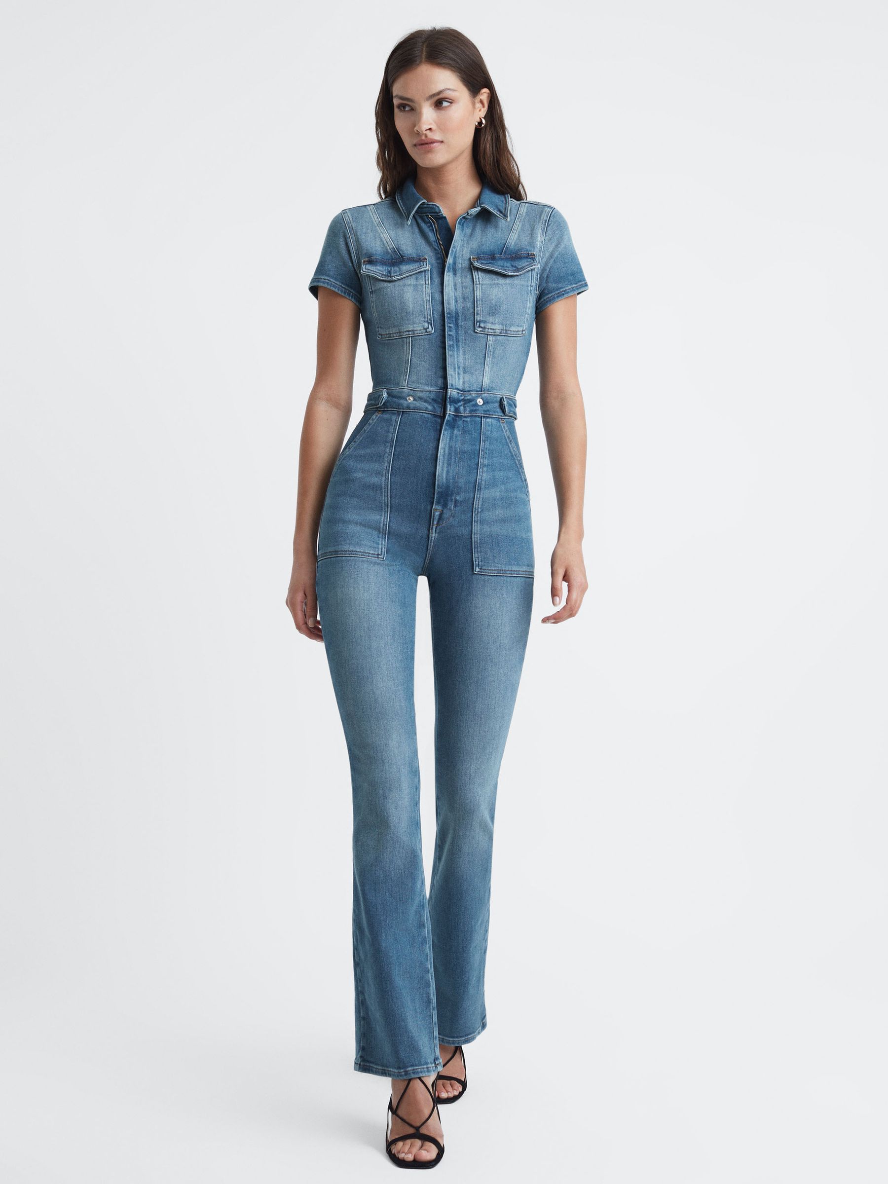 Good American Denim Bootcut Jumpsuit in Blue