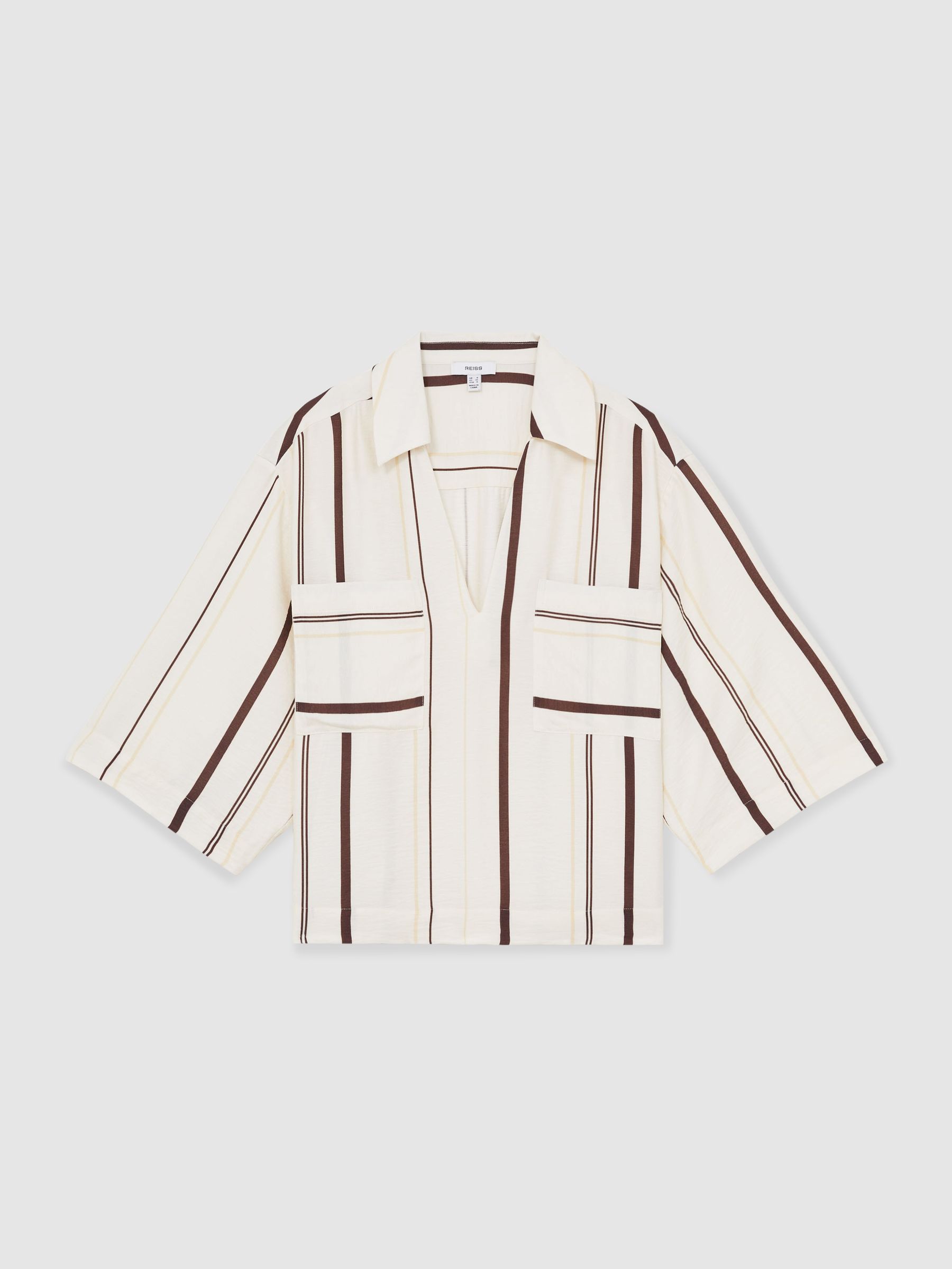 Stripe-Print Relaxed V-Neck Shirt in White/Brown