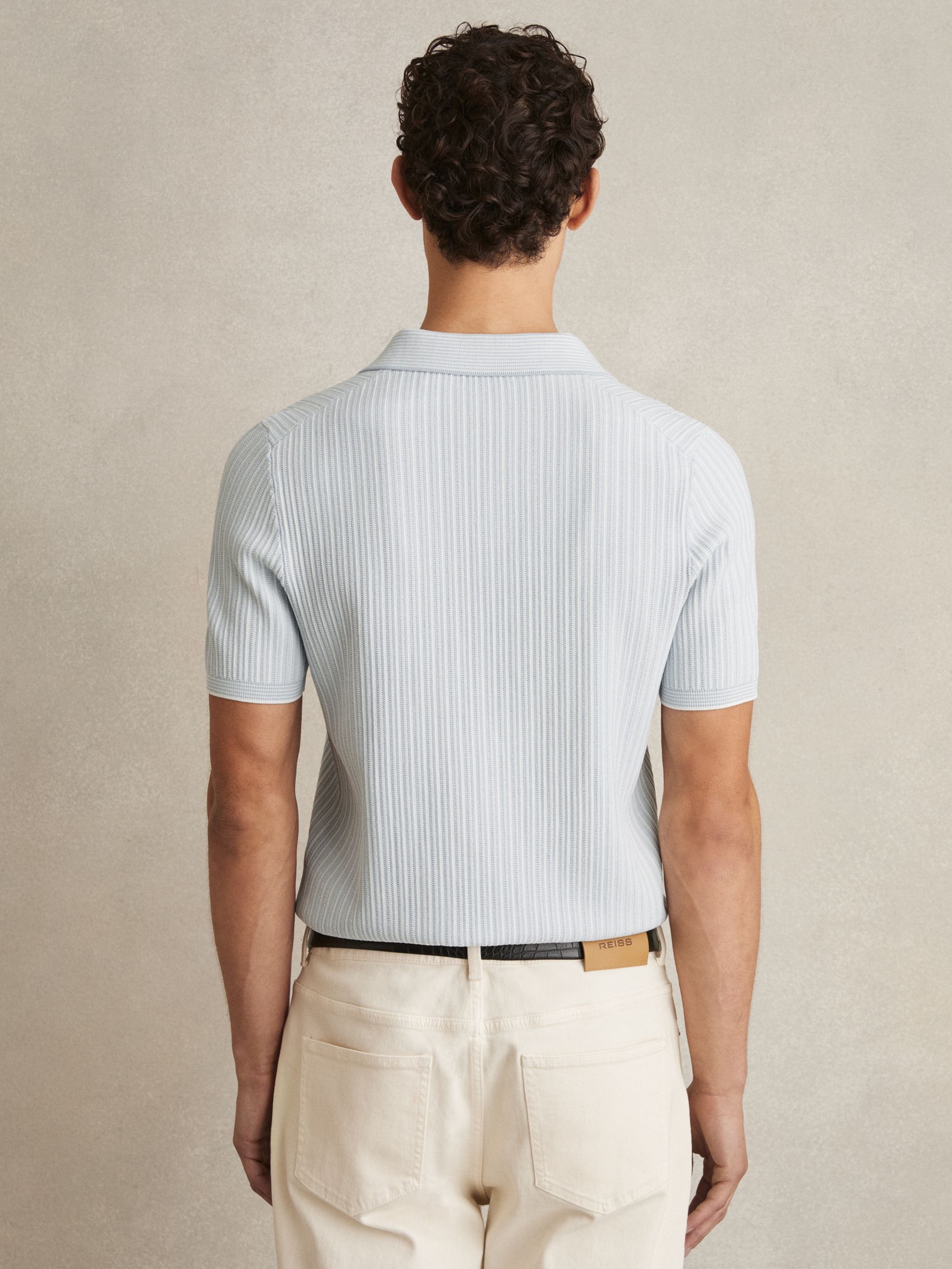 Open-Collar Textured Polo Shirt in Soft Blue/White
