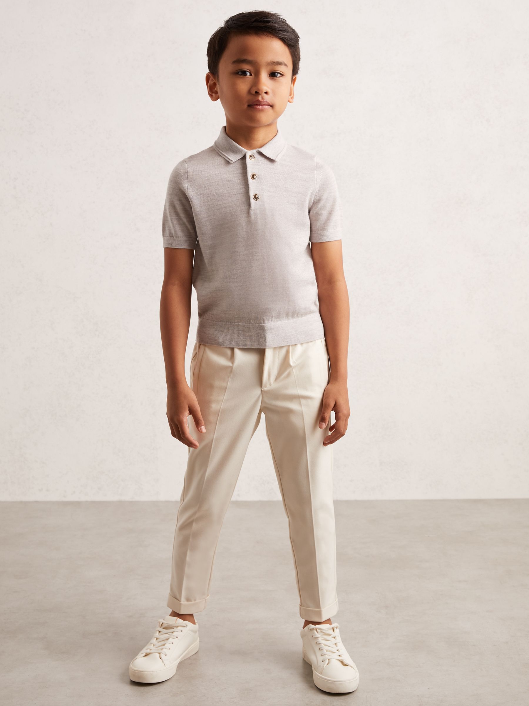 9-13 yrs Merino Wool Short Sleeve Polo Shirt in Wicker Melange
