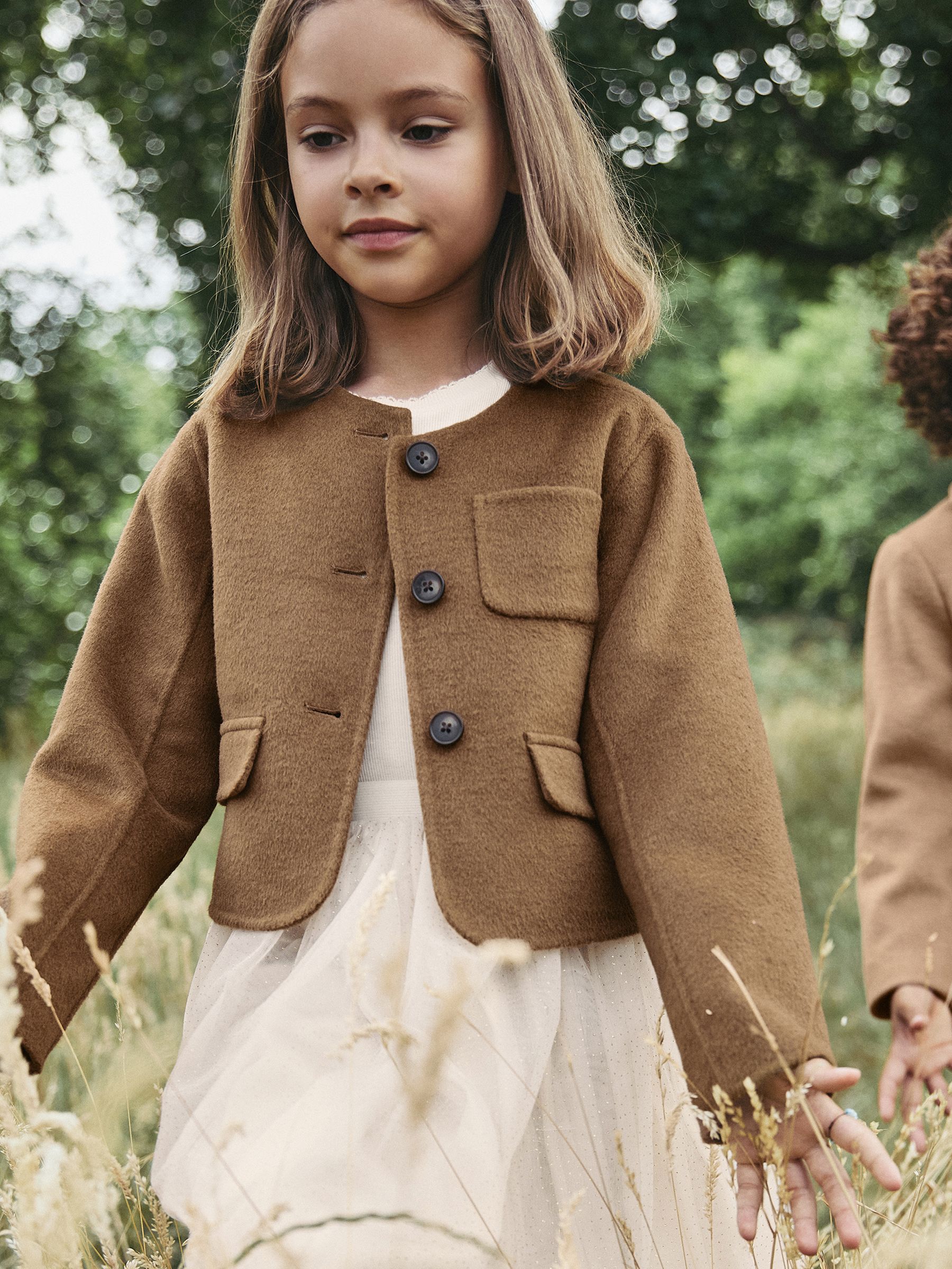 13-14 yrs Wool-Blend Cropped Collarless Jacket in Camel