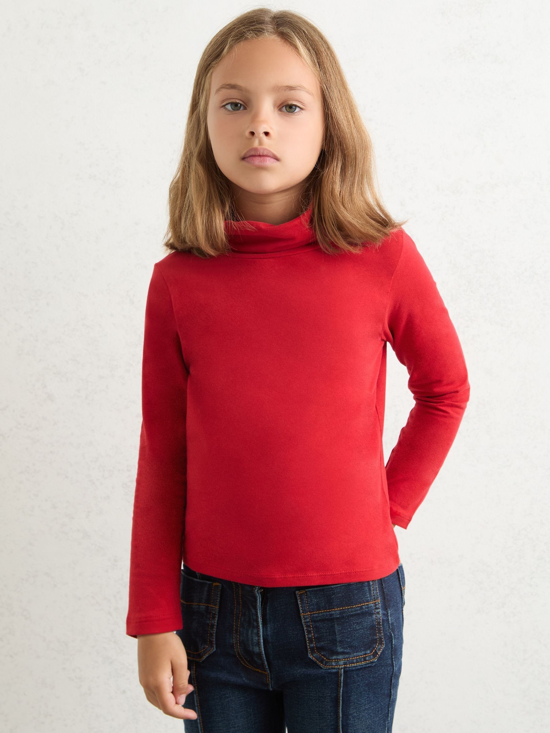 9-13 yrs Cotton-Jersey Roll-Neck Top with Stretch in Red