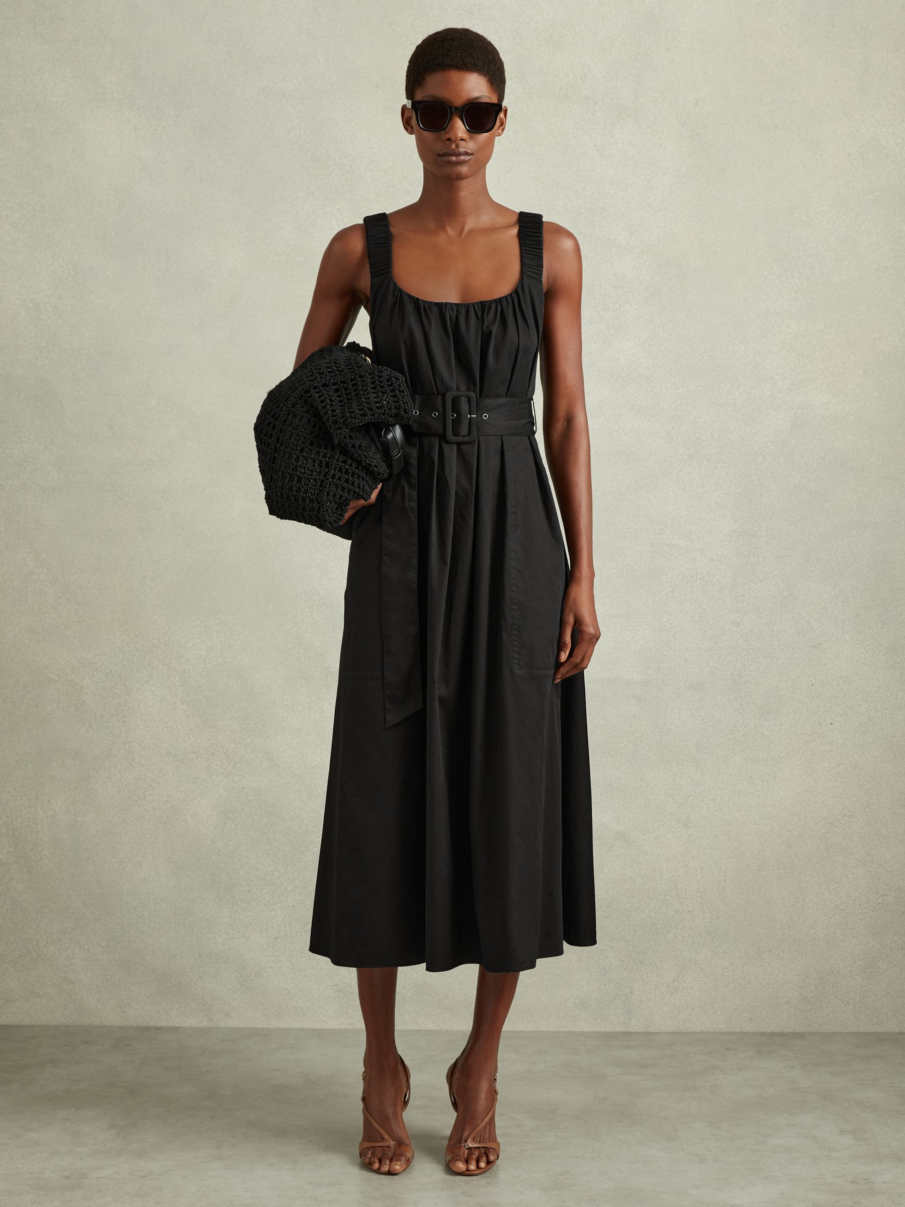 Cotton Ruched Strap Belted Midi Dress in Black