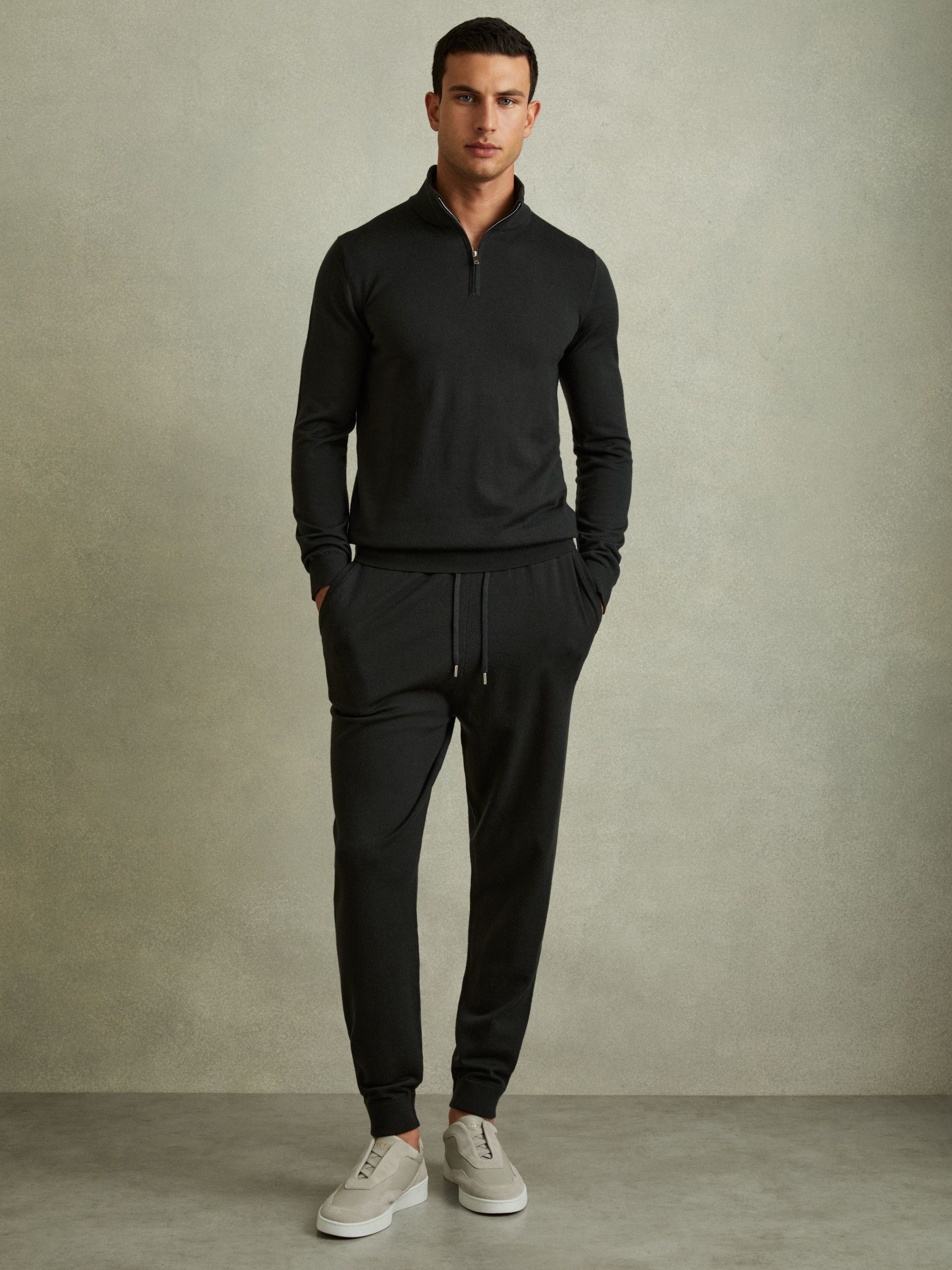 Merino Wool Blend Drawstring Joggers in Dark Military Green