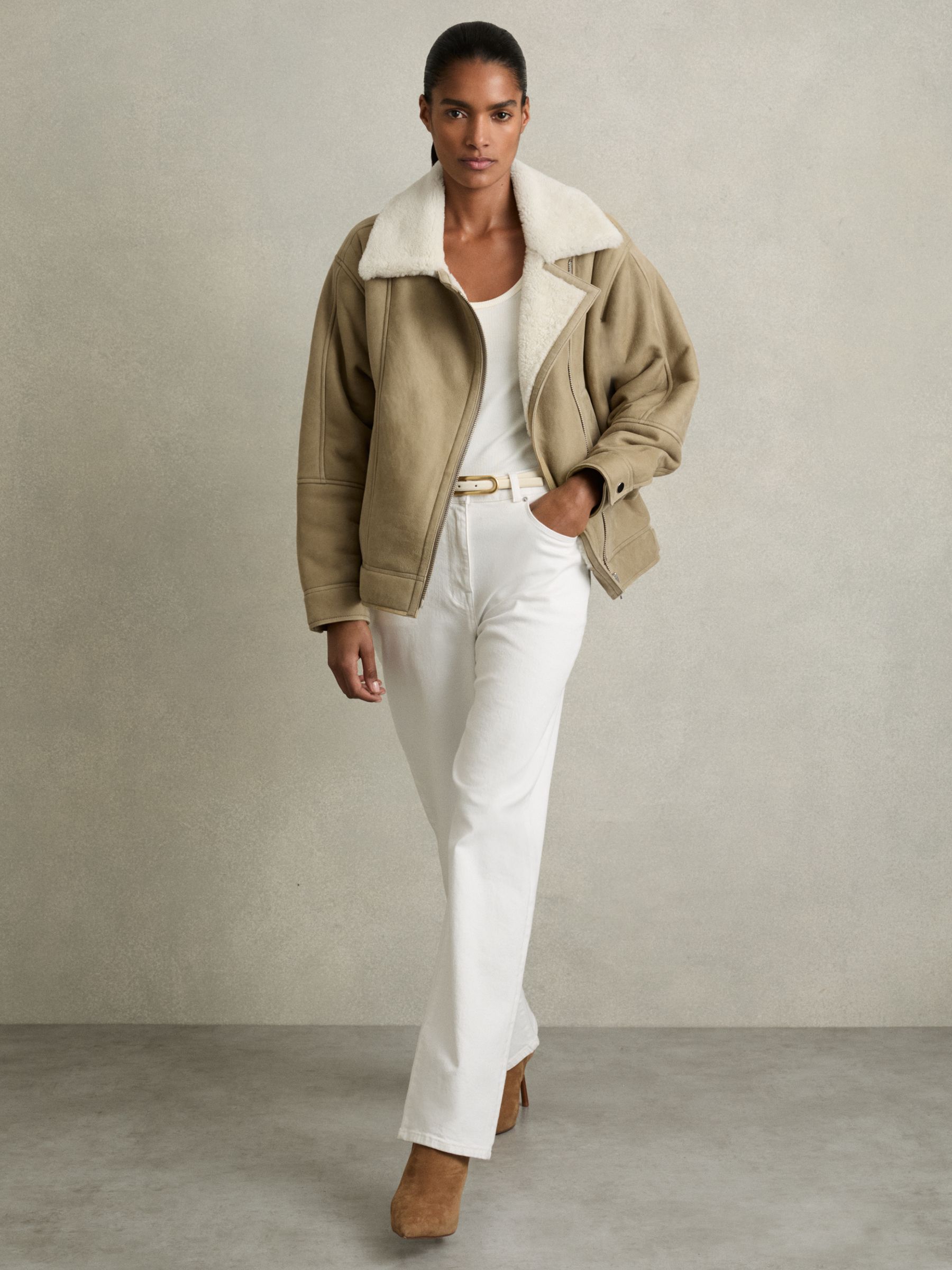 Shearling-Lined Leather Aviator Jacket in Light Green