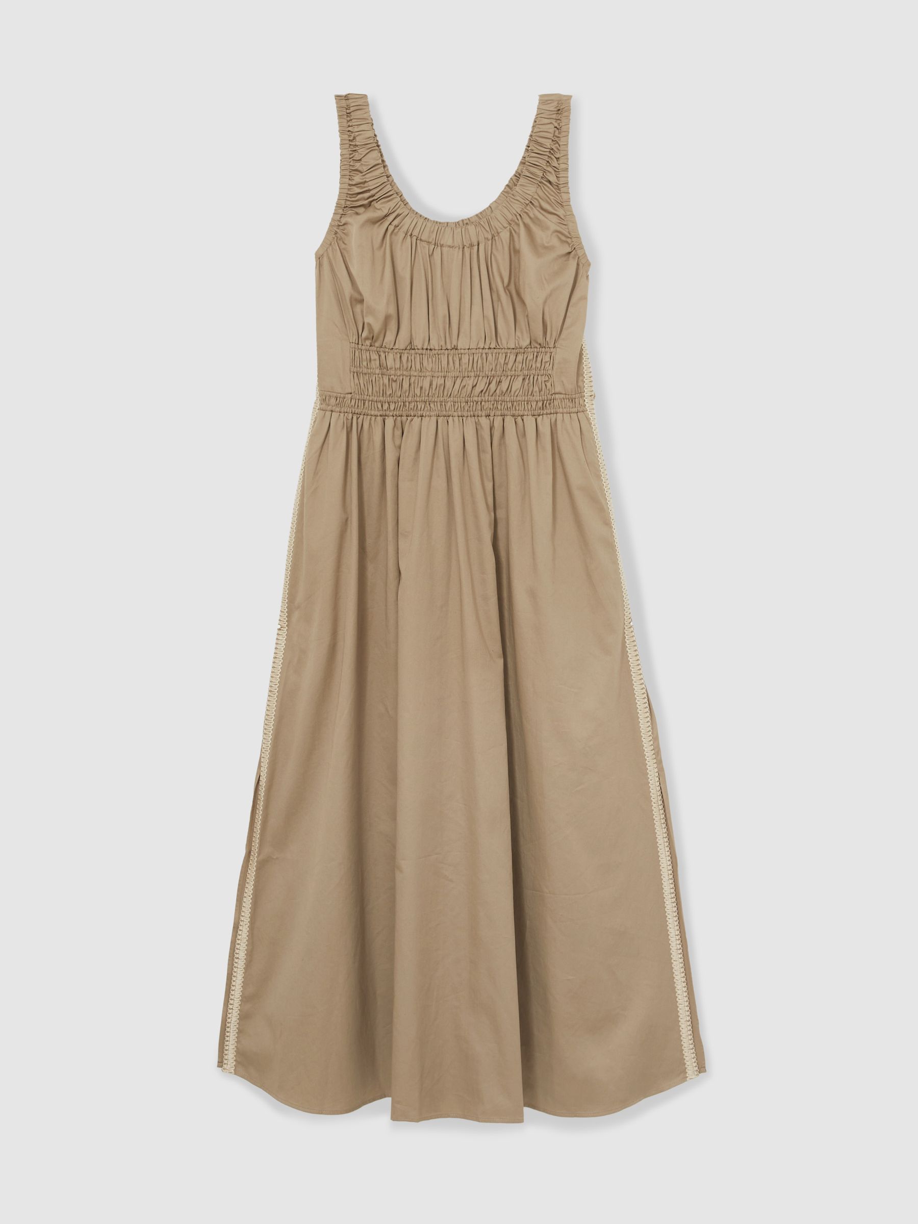 Cotton Craft-Stitch Shirred Midi Dress in Khaki