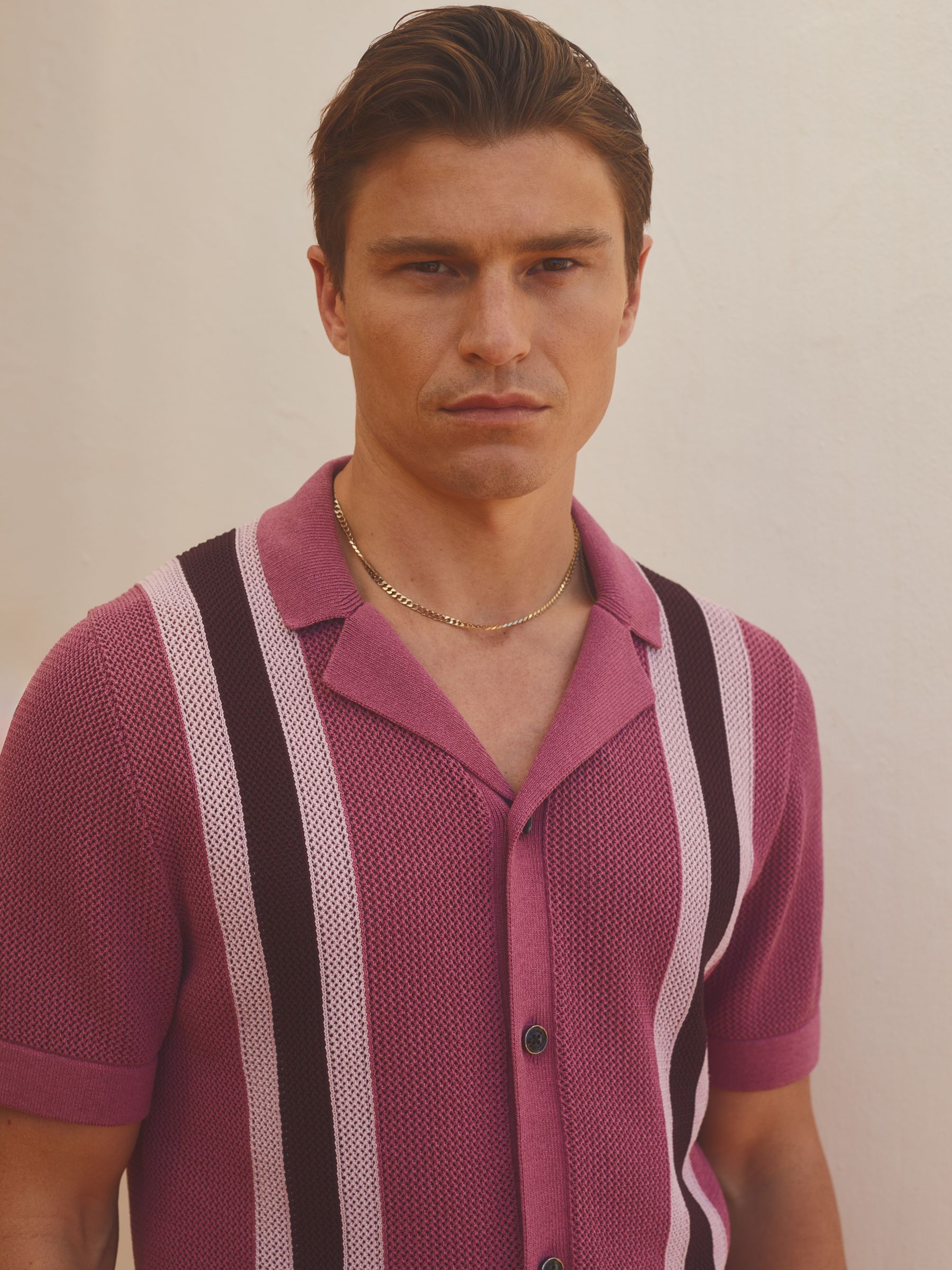 Reiss | Ché Knitted Contrast Stripe Cuban Collar Shirt in Pink Multi
