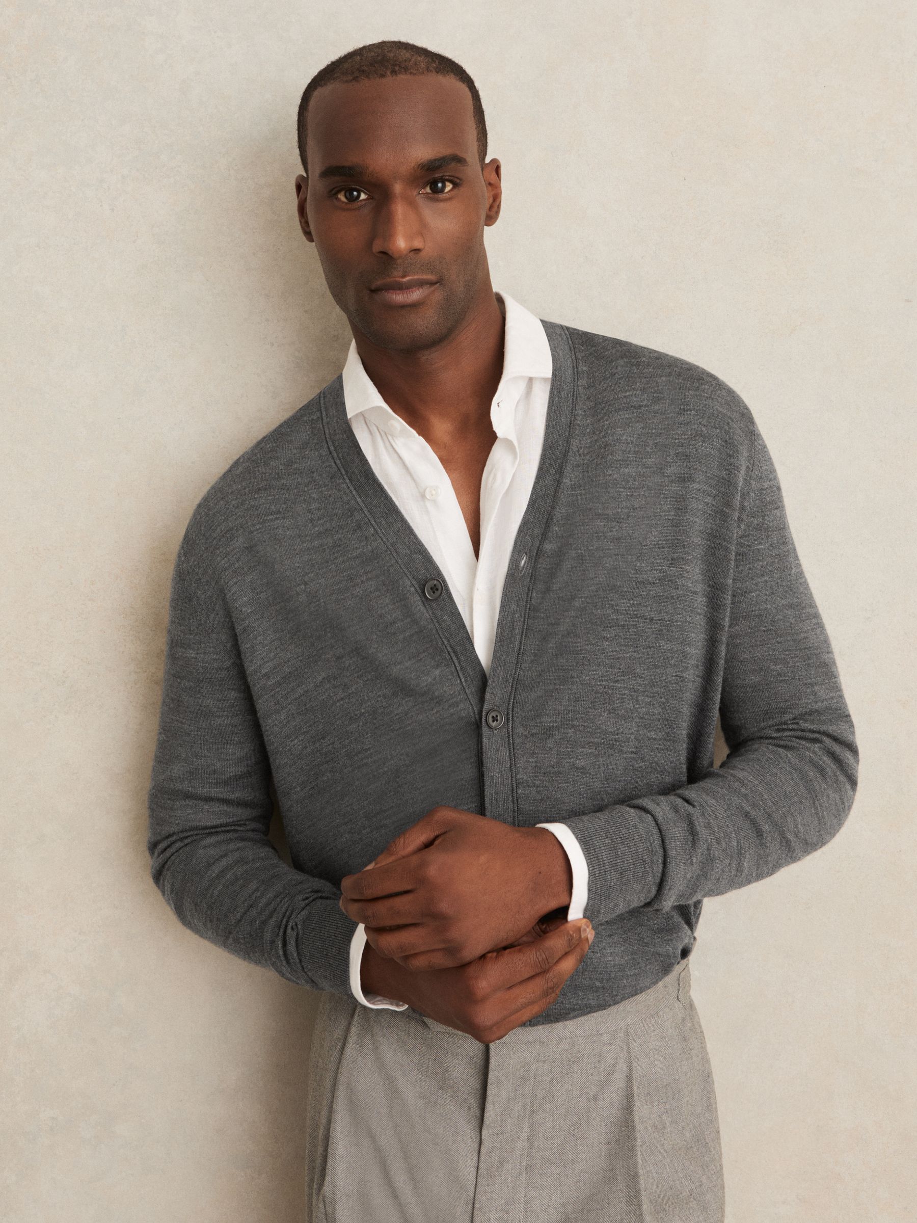 Merino Wool Button-Through Cardigan in Derby Grey Melange