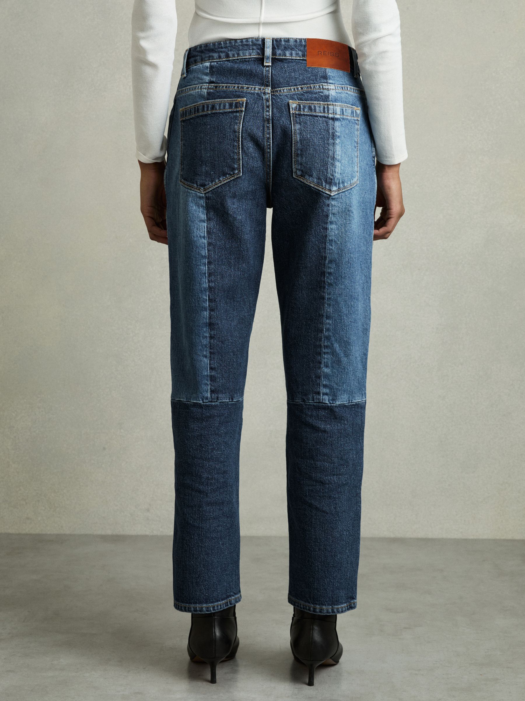 Petite Straight-Leg Patchwork Jeans in Mid Blue