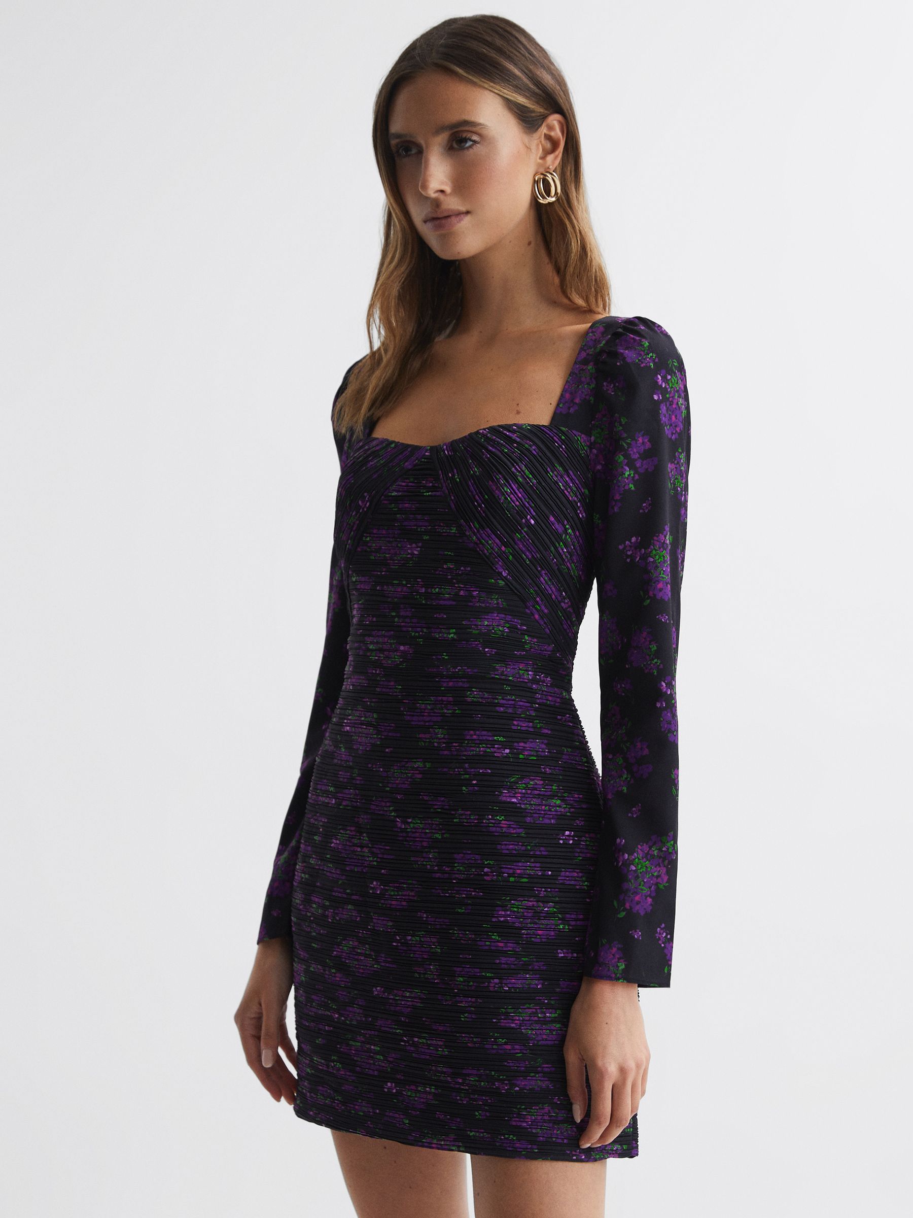 Amur Pleated Floral Bodycon Mini Dress in Hydrangea Berry