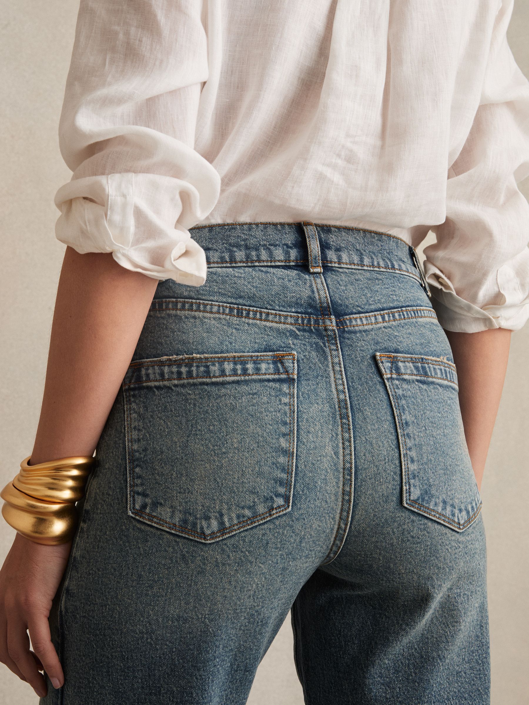 Petite Barrel-Leg Seam Jeans in Mid Blue