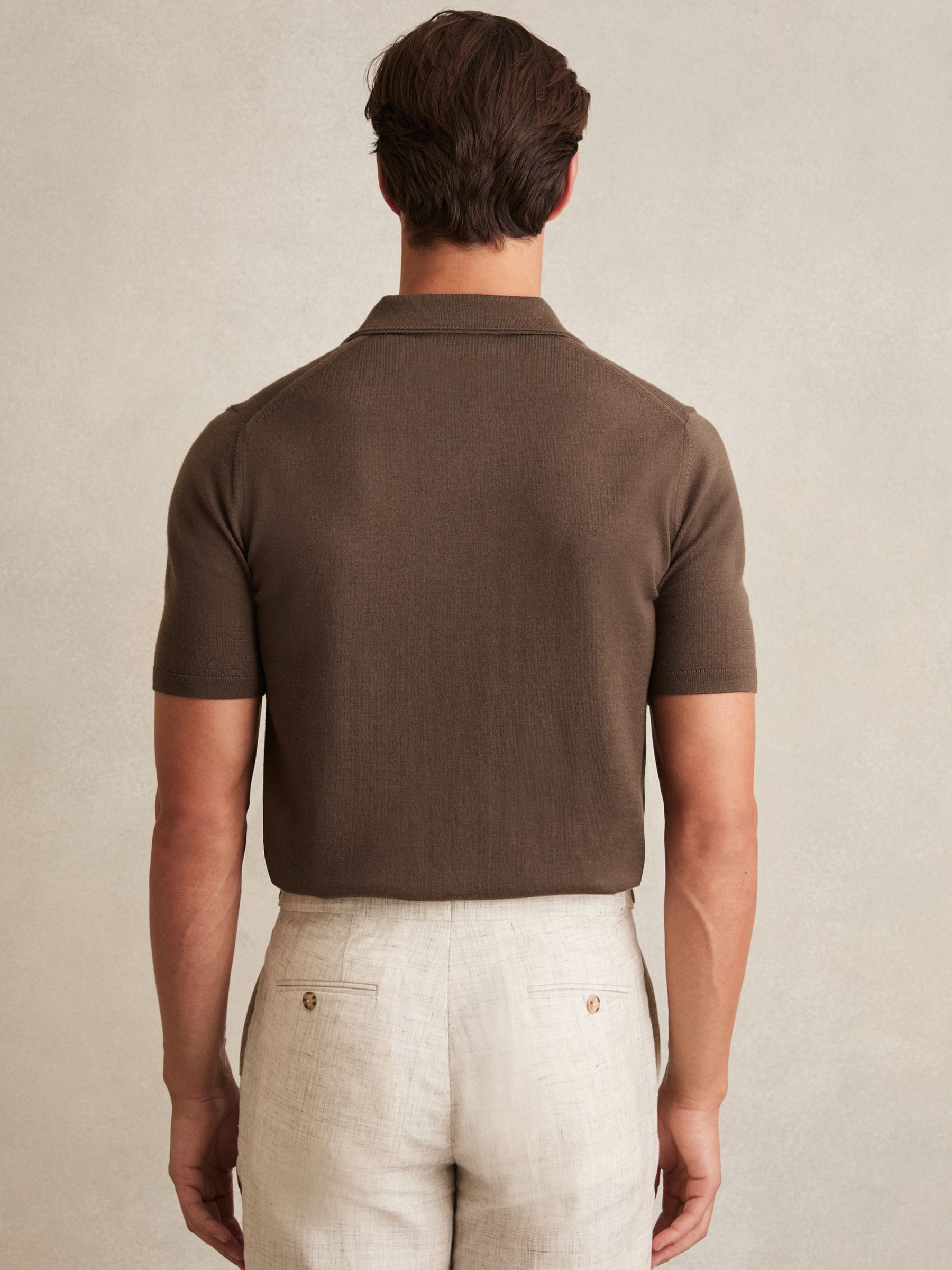 Merino Wool Open-Collar Polo Shirt in Chocolate Brown
