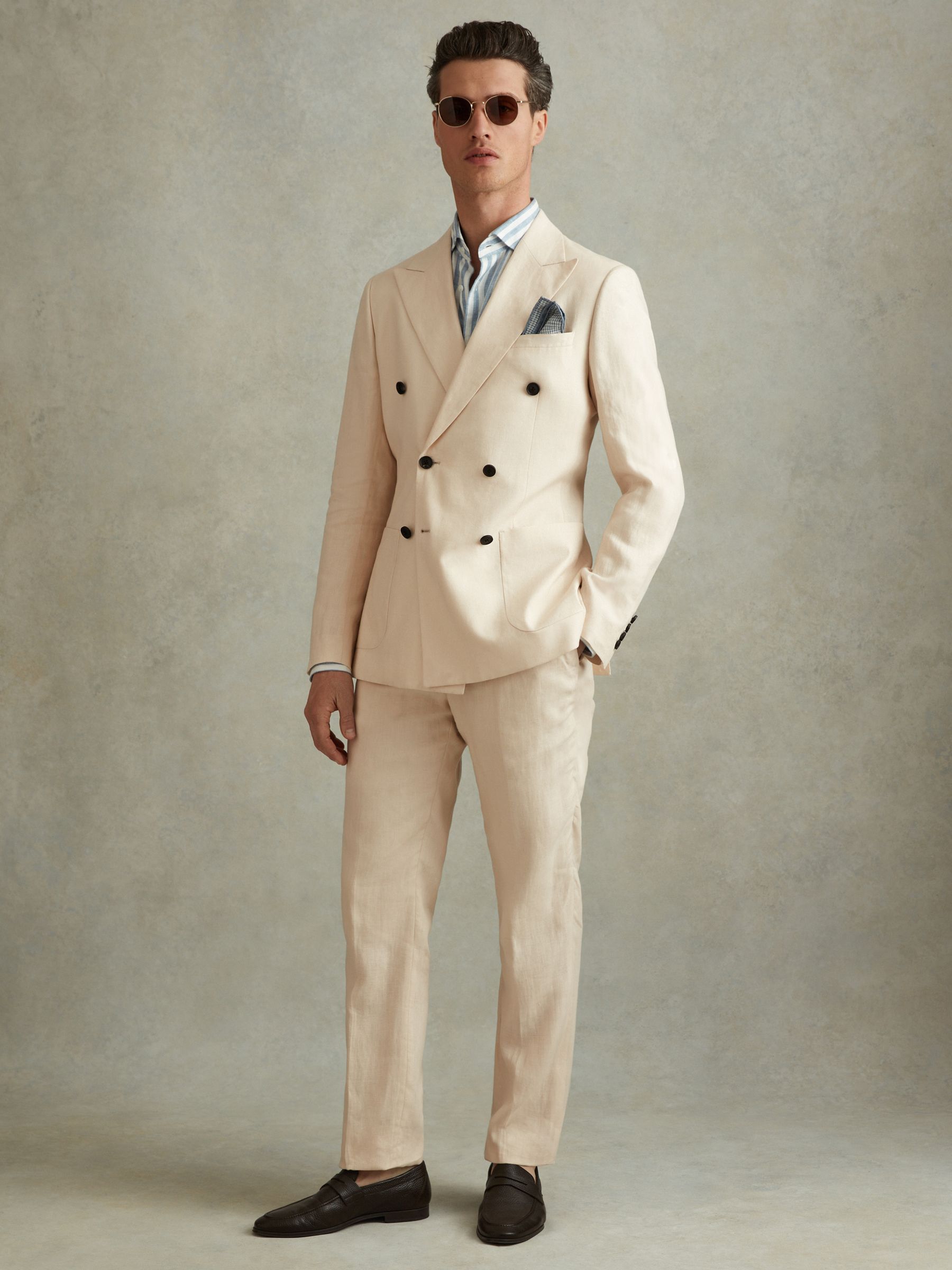 Double Breasted 100% Linen Slim Fit Blazer in Stone