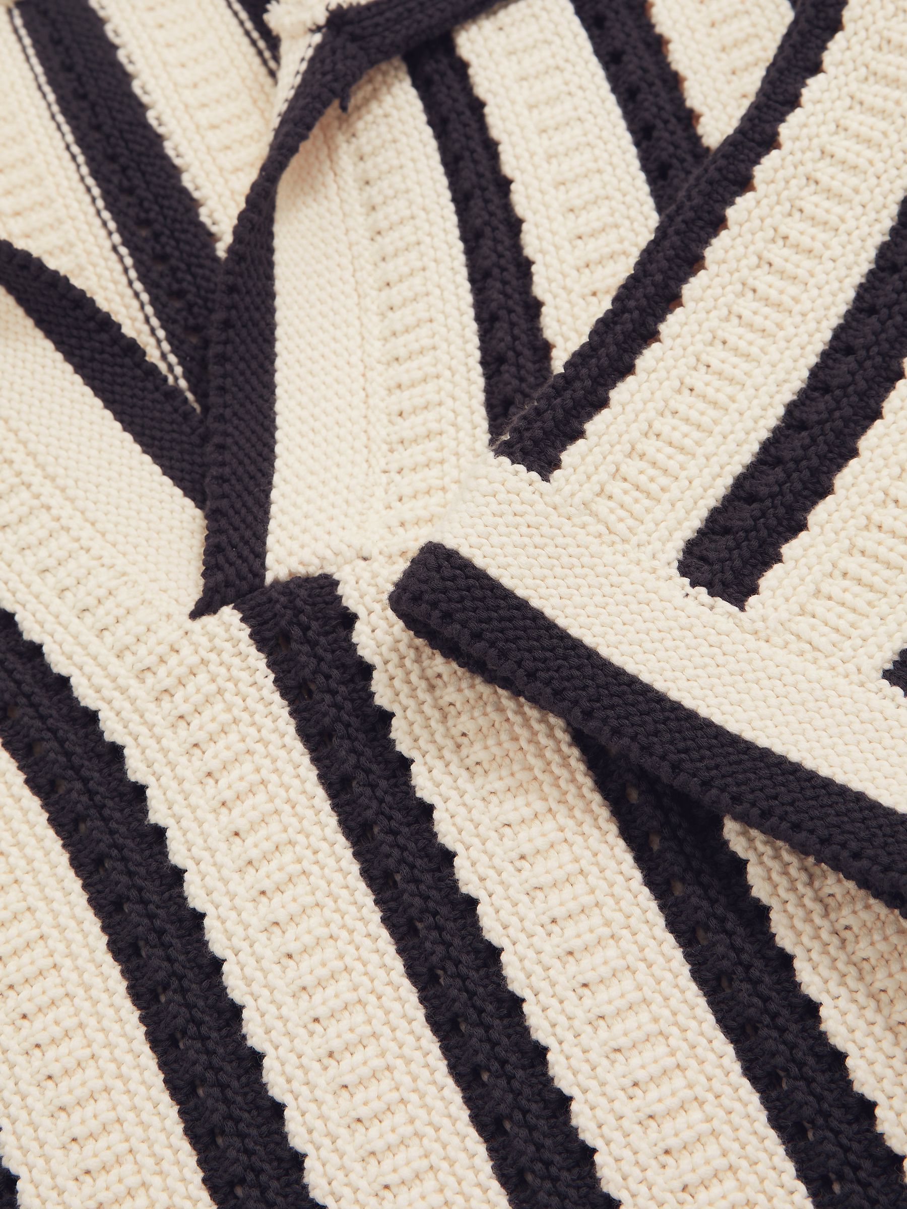 Cotton Blend Stripe Knit Polo Shirt in Off White/Navy