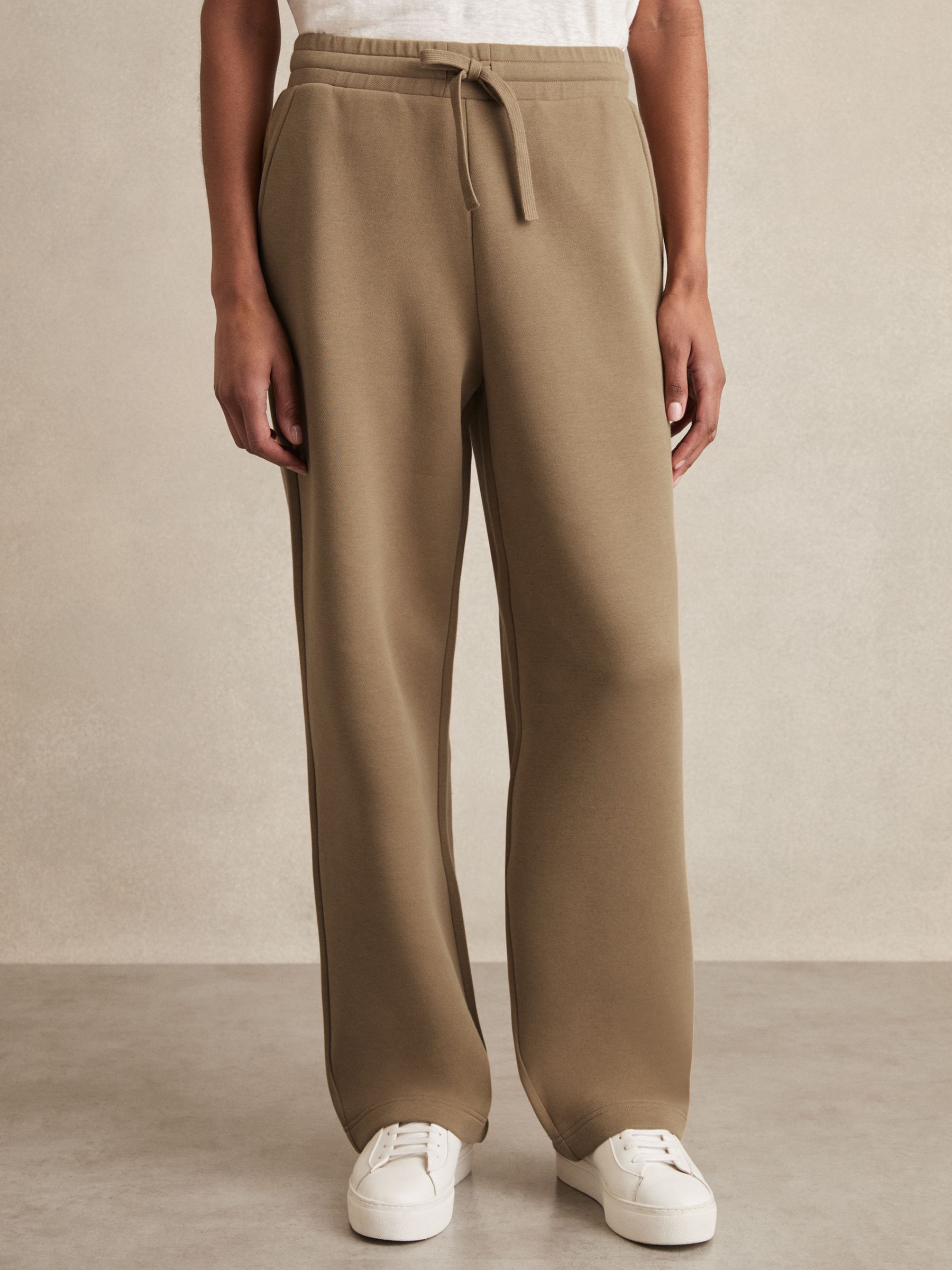 Cotton-Blend Interlock Wide-Leg Joggers in Camel