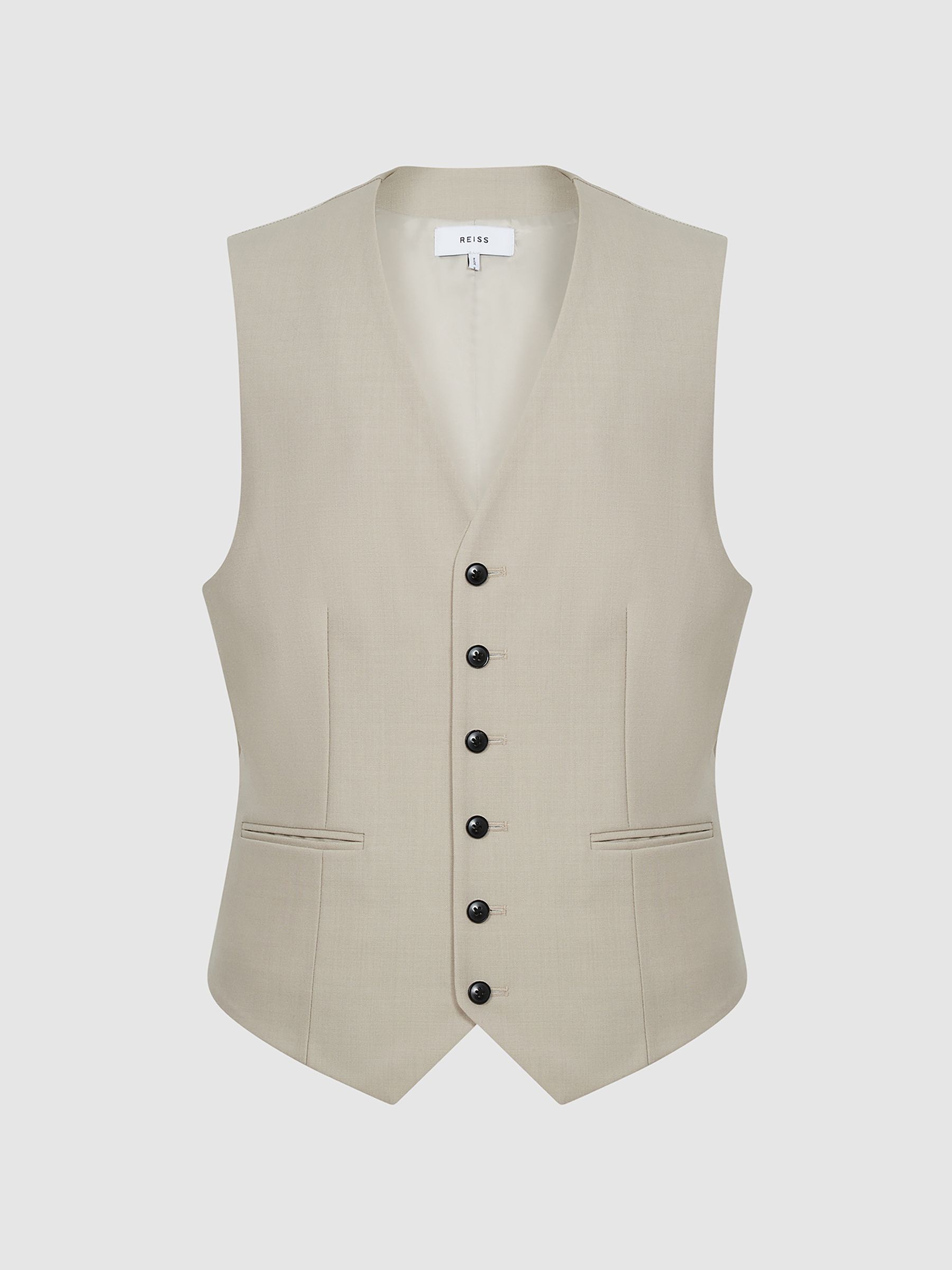 Classic Slim Fit Six Button Wool Waistcoat in Stone