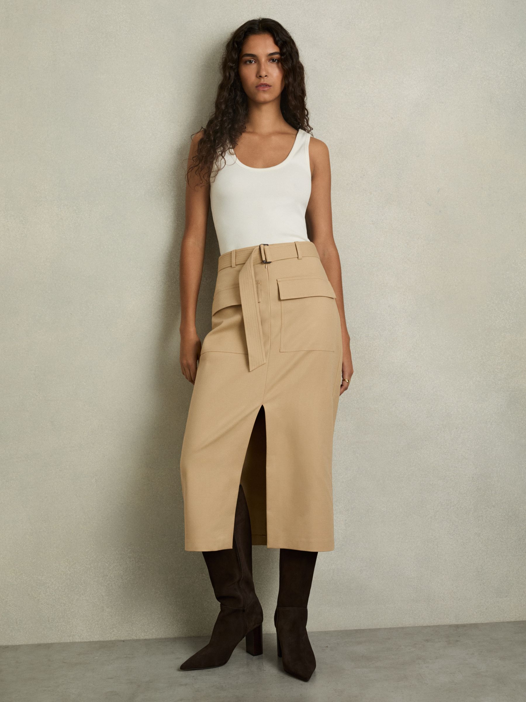 Cargo Pencil Skirt With Cotton in Camel