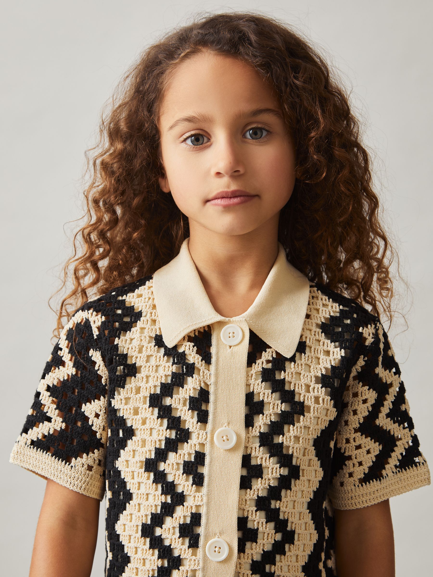 13-14 yrs Cotton-Blend Patterned Crochet Dress in Ecru