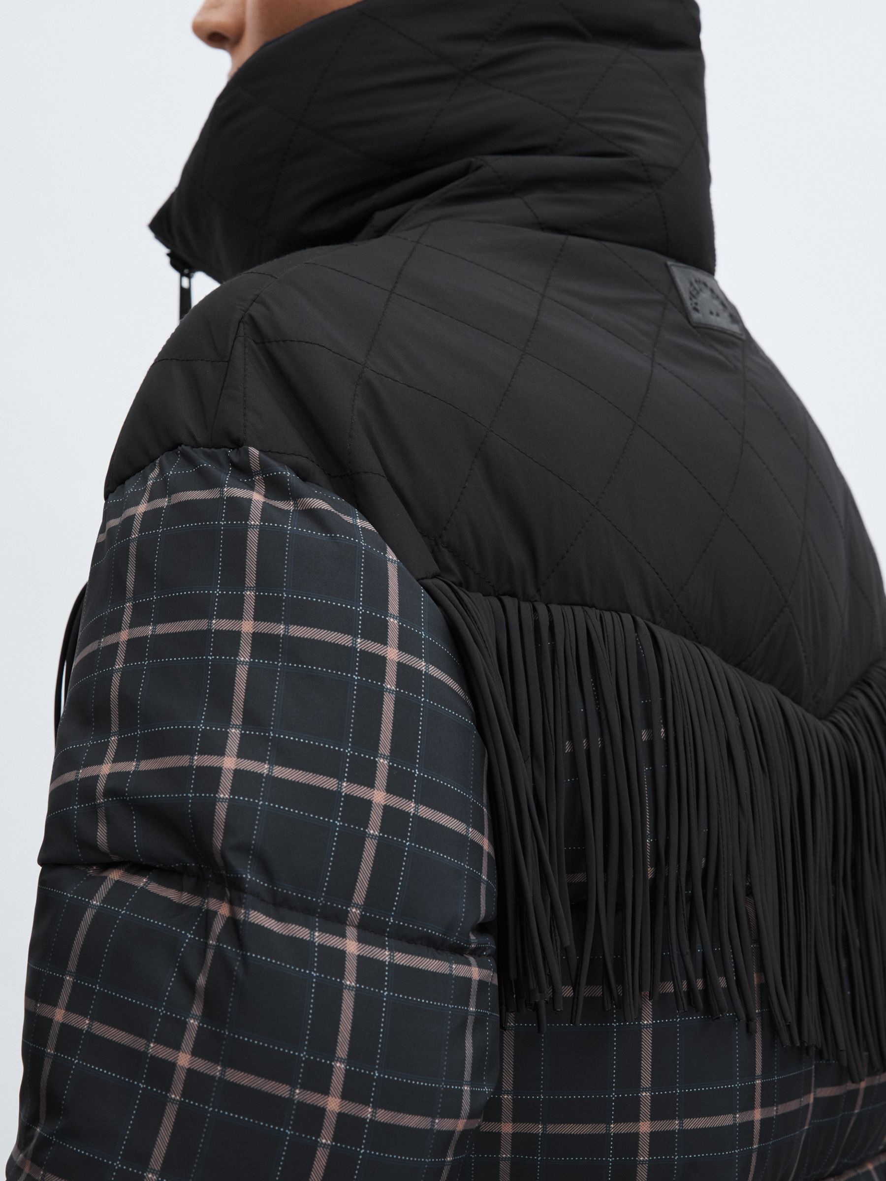 The Upside Fringed Check Puffer Coat in Black Check