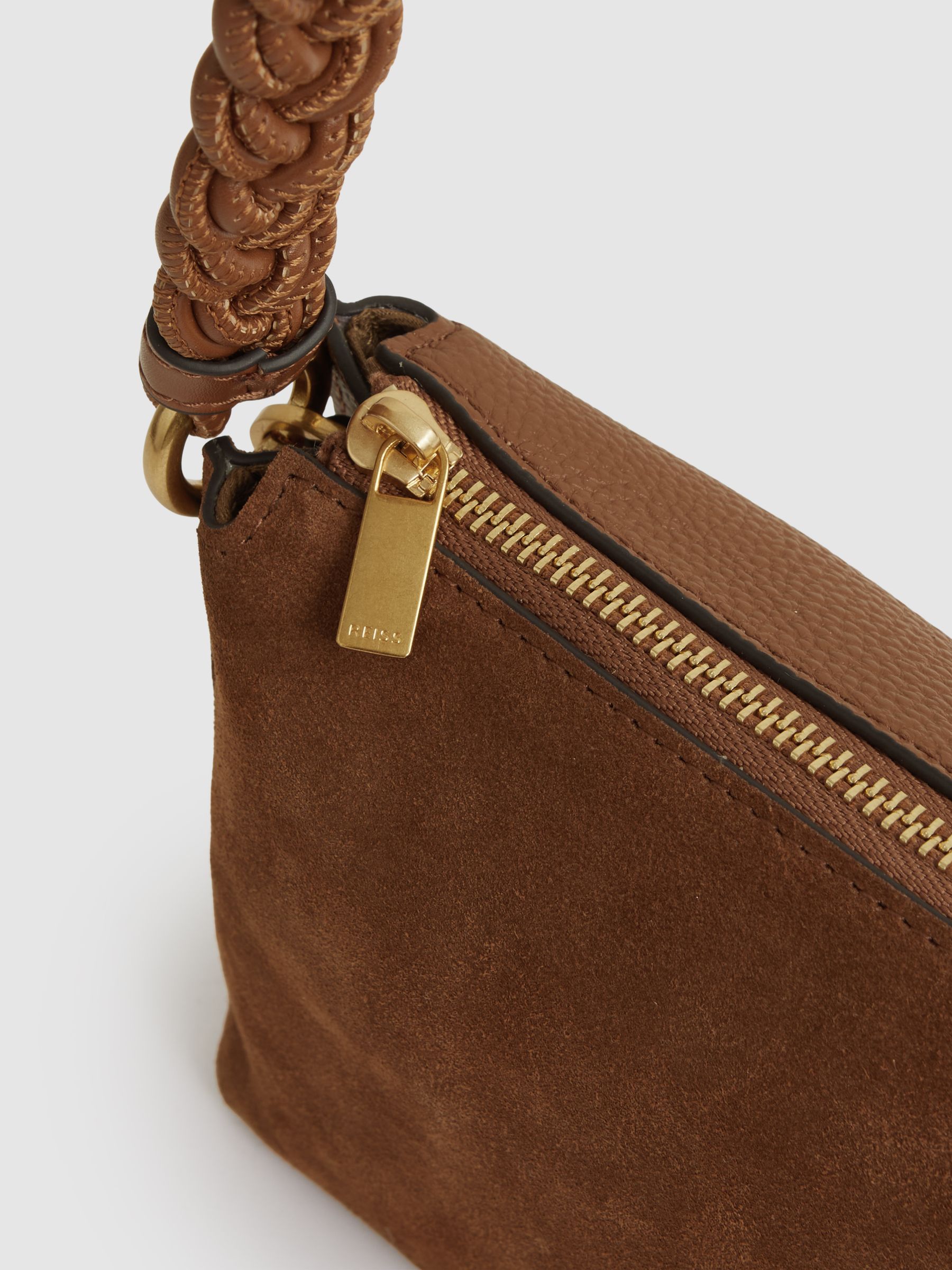 Suede Plaited-Strap Cross-Body Bag in Tan