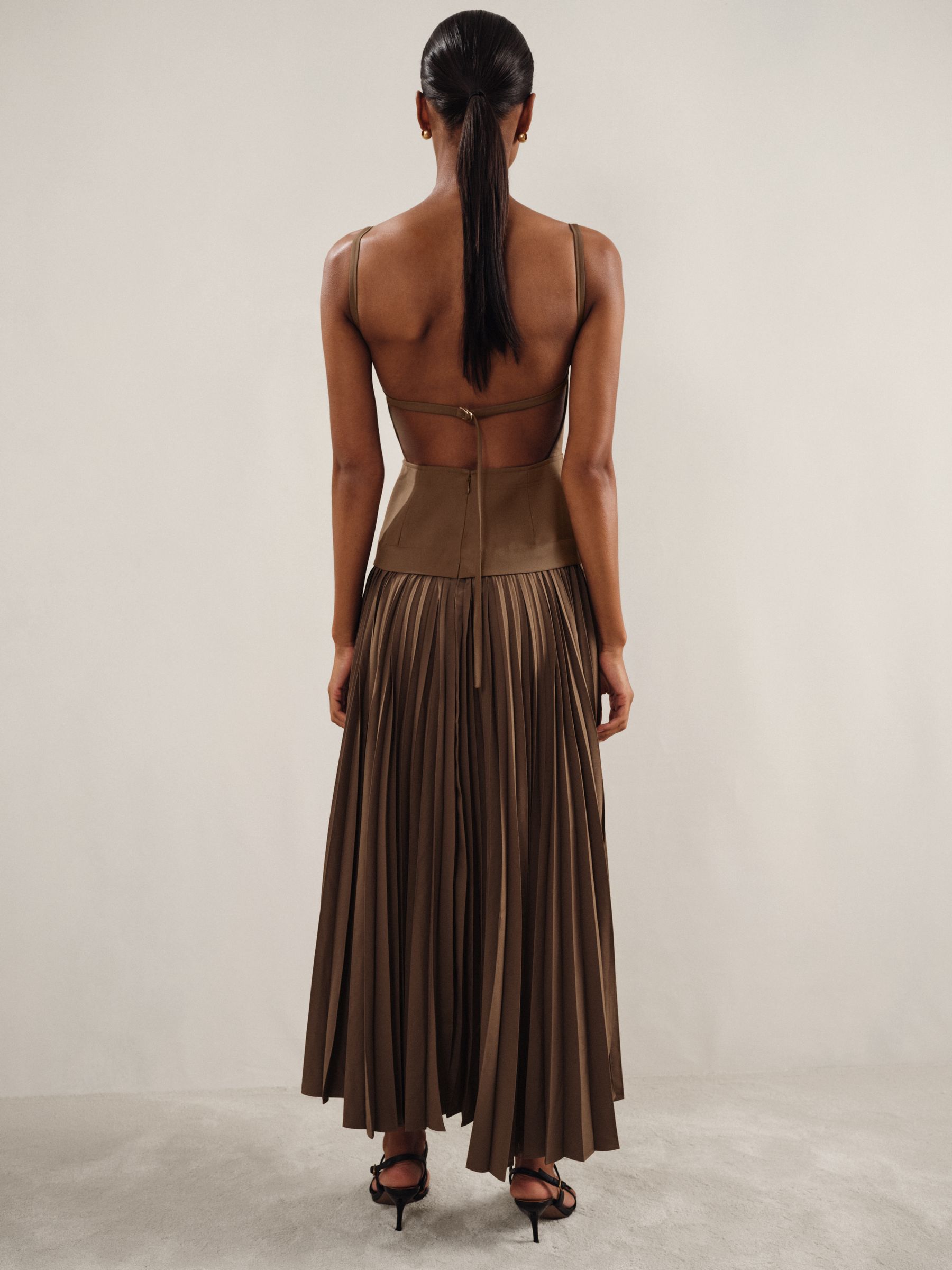 Acler Linen Blend Pleated Midi Brown Dress in Brown
