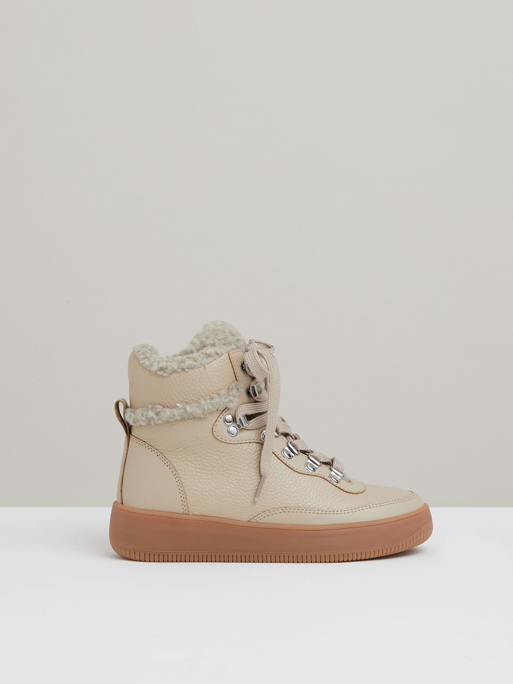Grained Leather and Fleece Ankle Boots in Cream