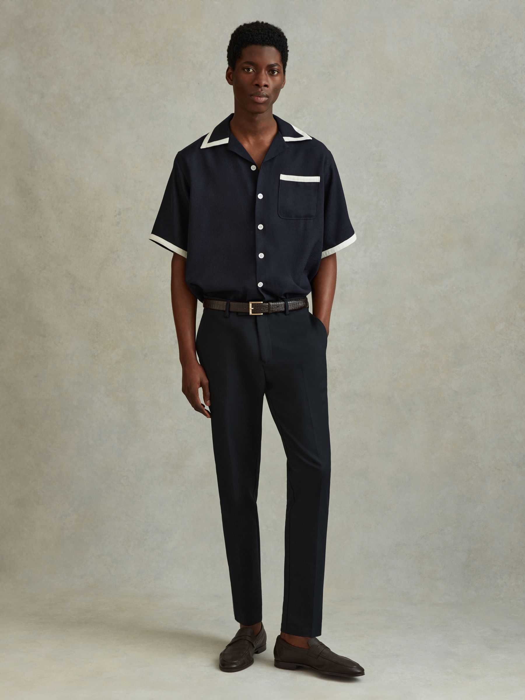 Contrast Trim Cuban Collar Shirt in Navy/Ecru