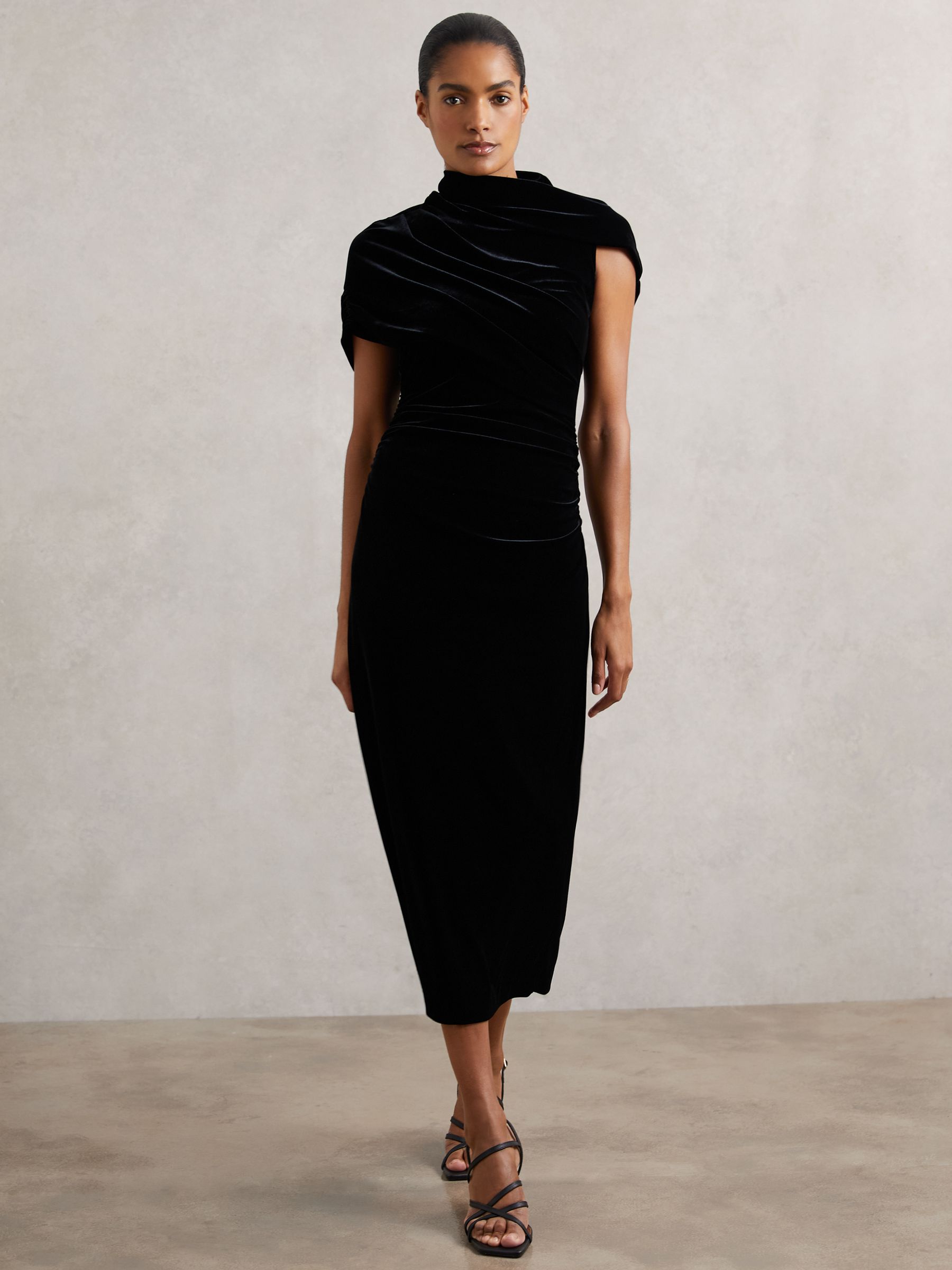 Velvet Draped-Neck Ruched Midi Dress in Black