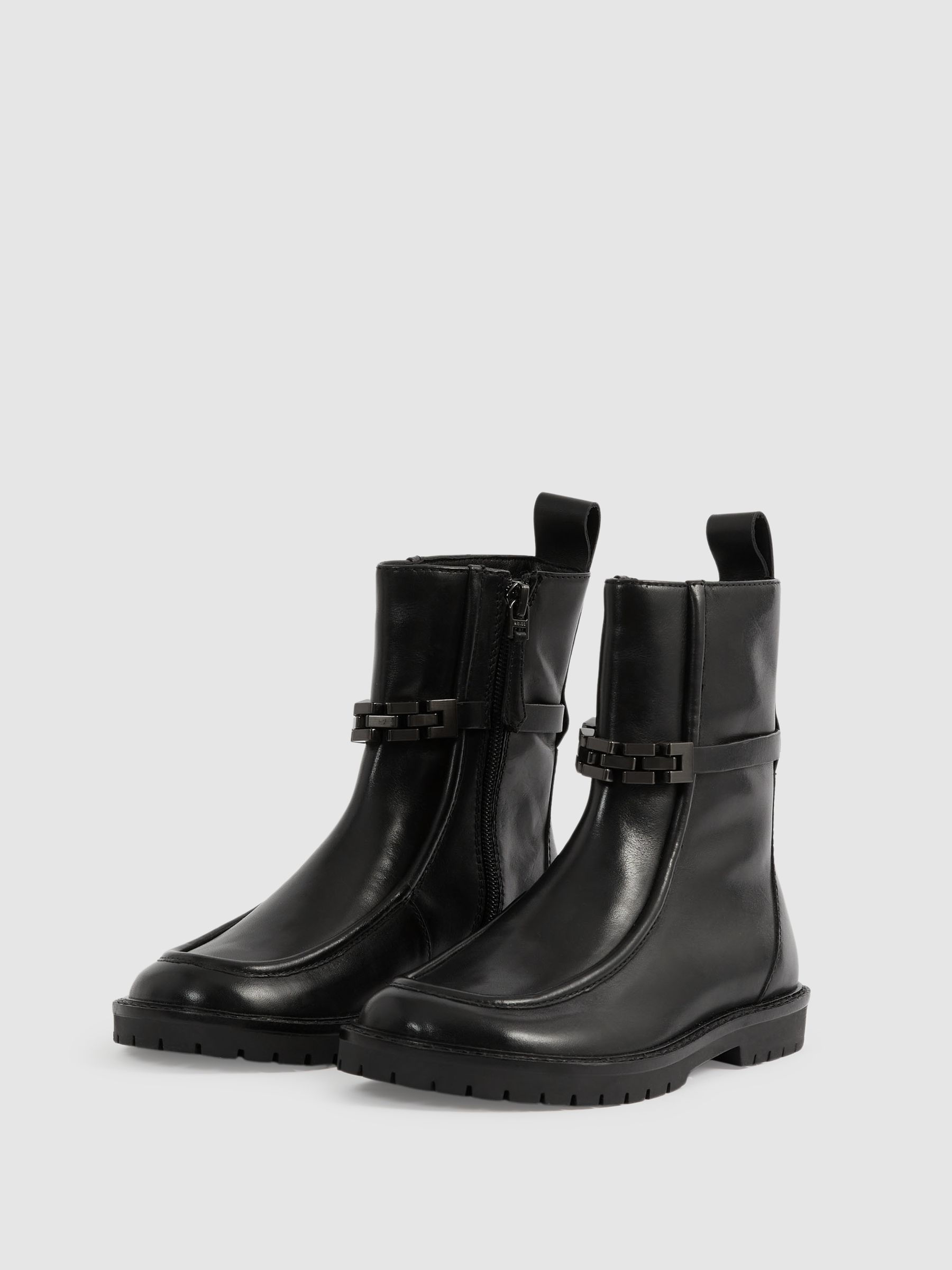 Leather Chain-Strap Ankle Boots in Black