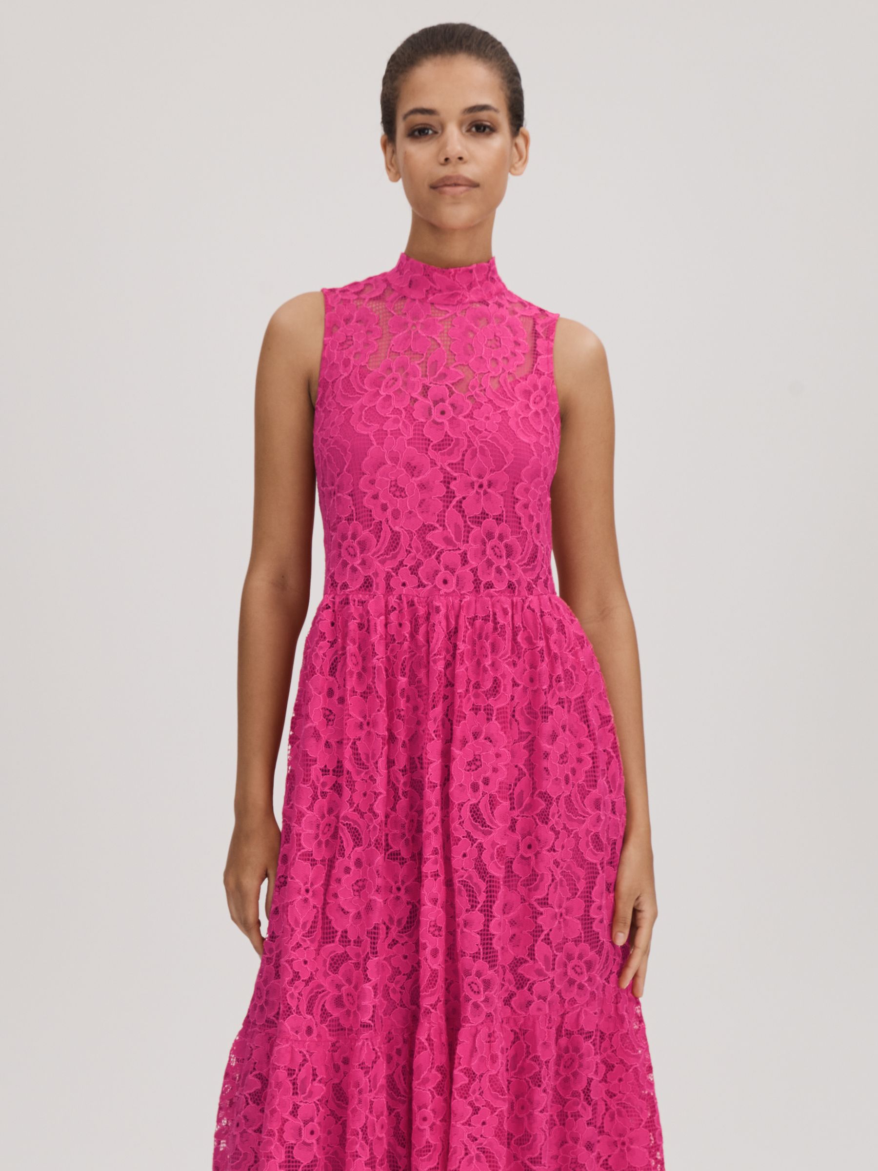 Florere Lace Tie Back Midi Dress in Bright Pink