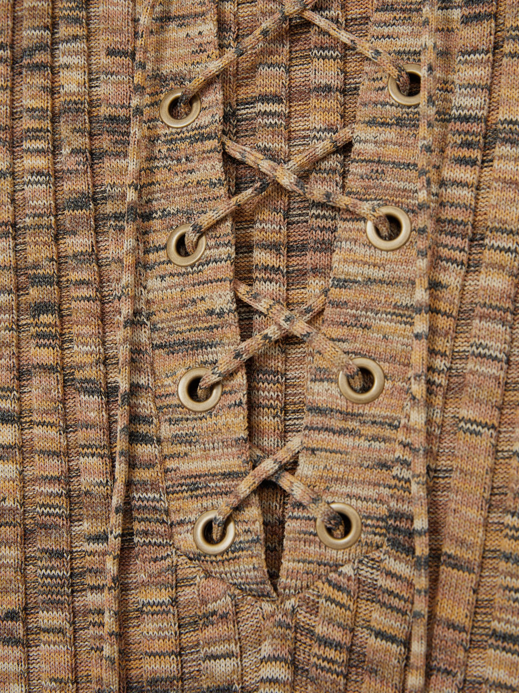 Lace Up Rib Knit Top in Camel Marl