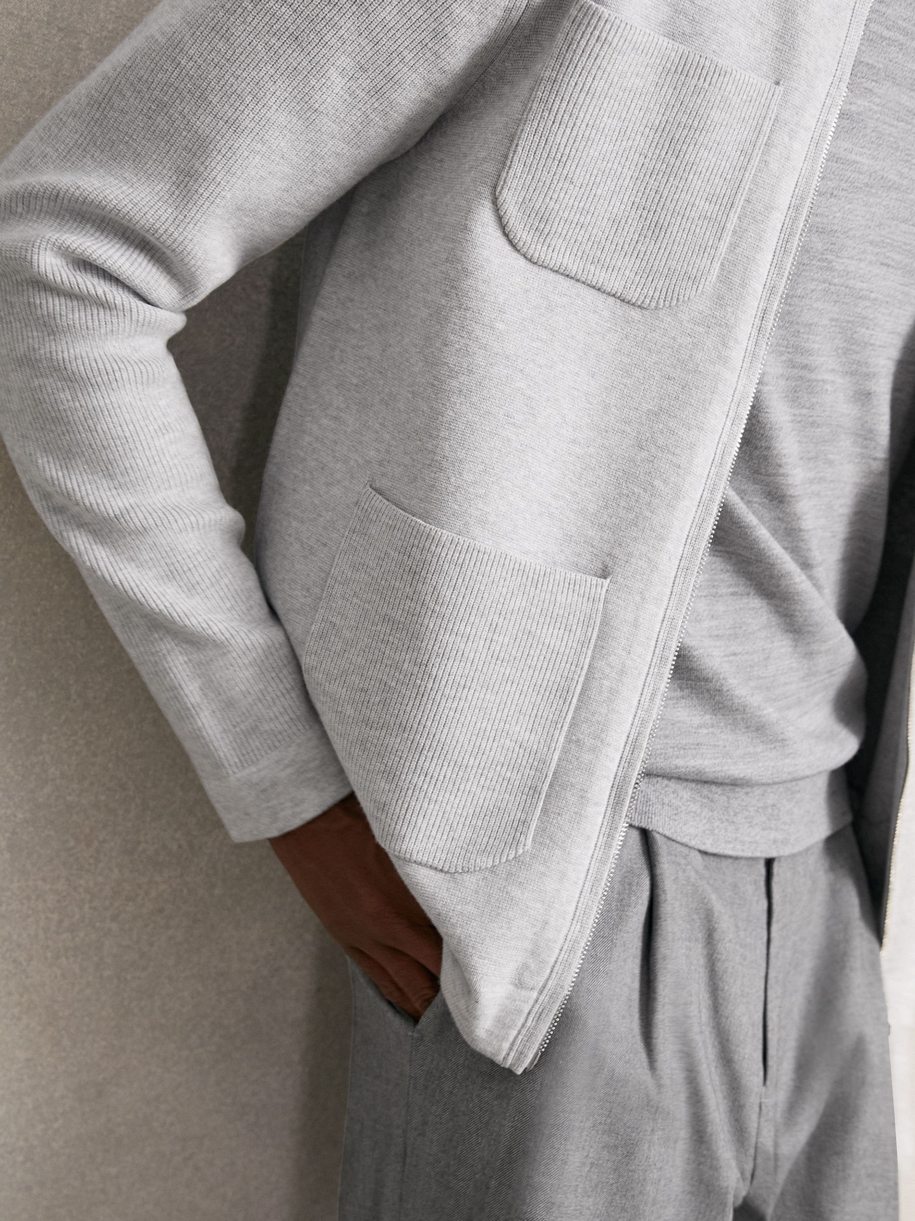 Four-Pocket Zip-Through Cardigan in Soft Grey