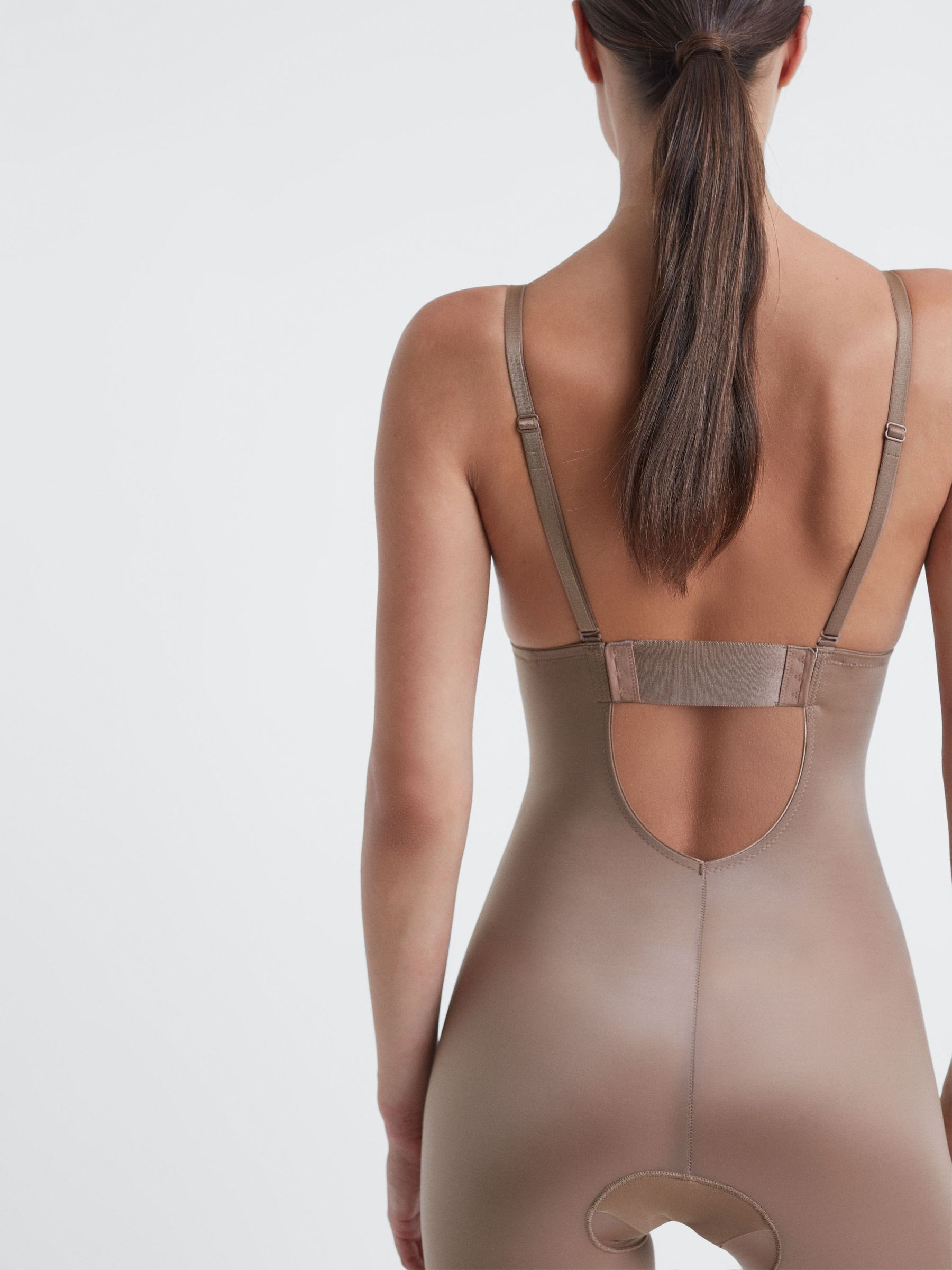 Spanx Shapewear Firming Plunge Low-Back Mid-Thigh Bodysuit in Cafe Au Lait