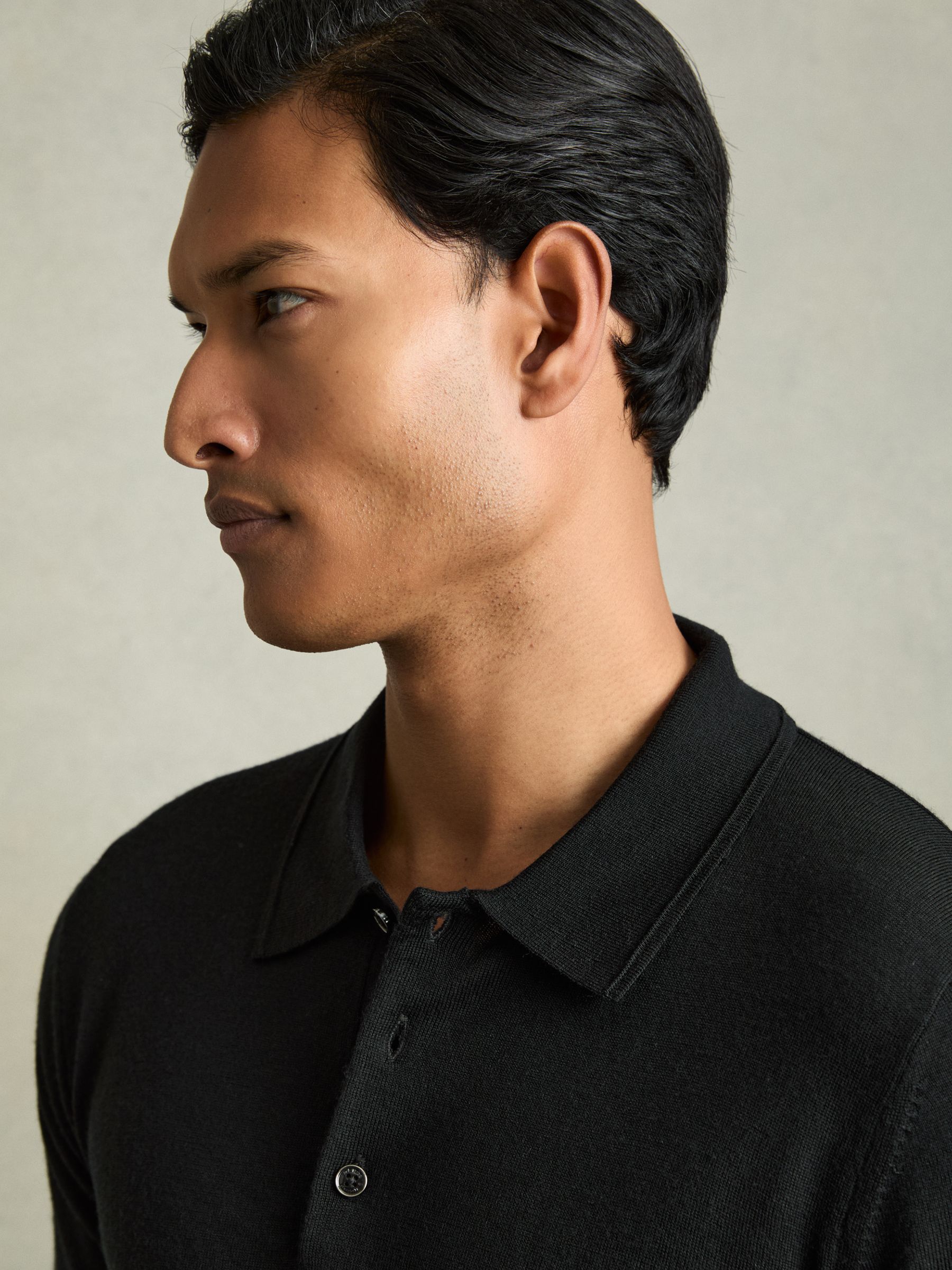 Merino Wool Long-Sleeve Polo Shirt in Black