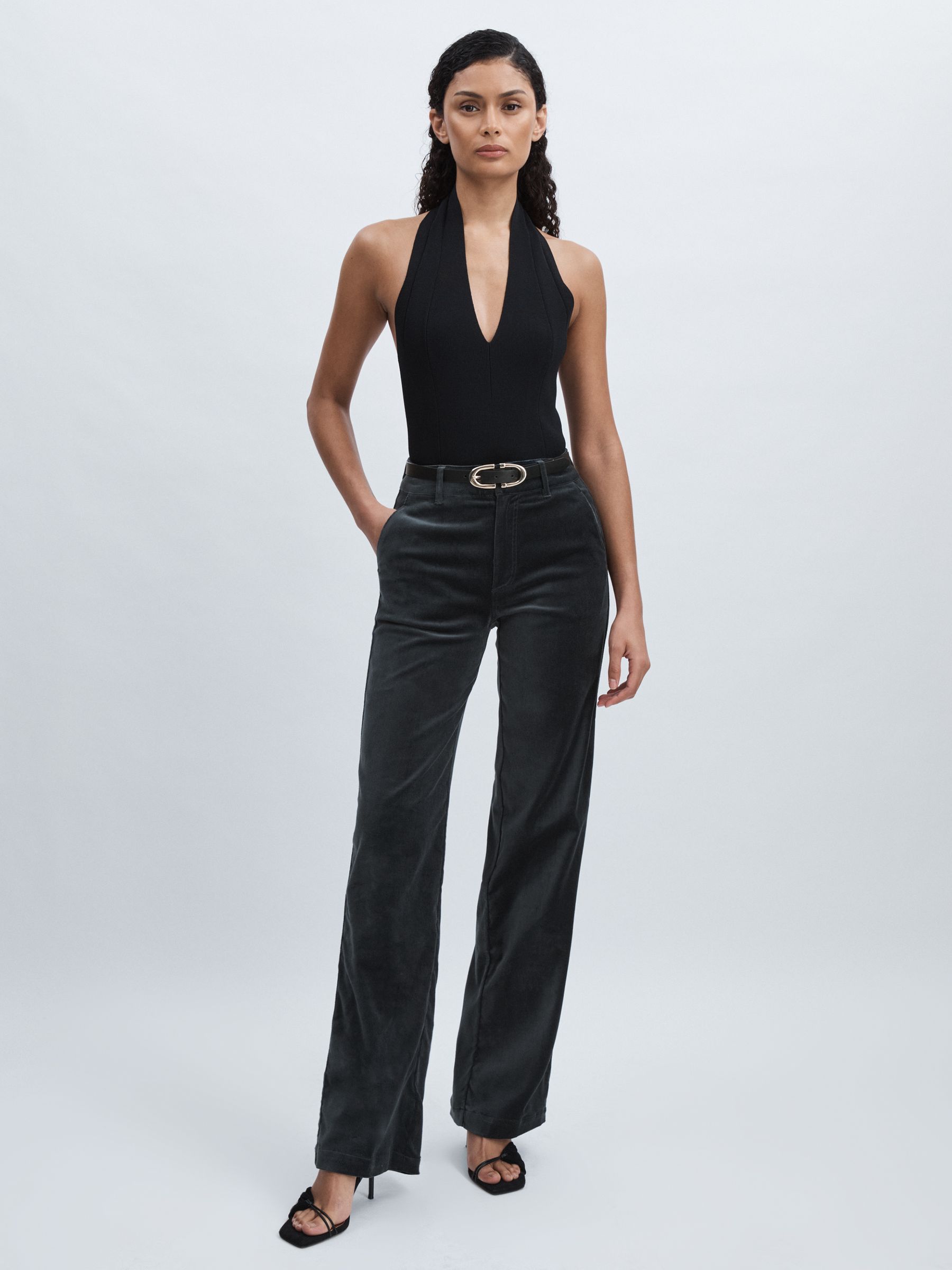 Paige Velvet Wide-Leg Trousers in Calico Blue