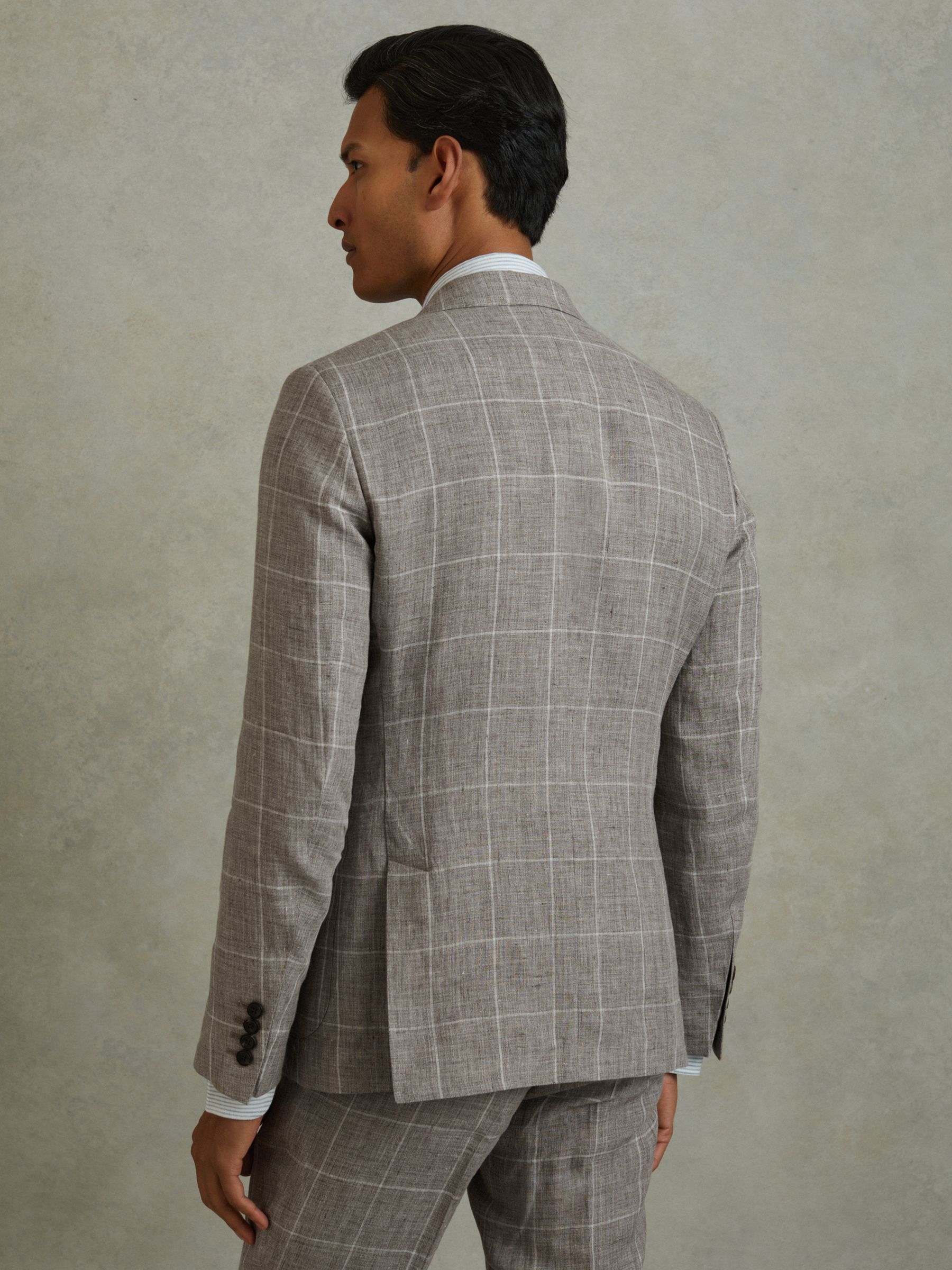 Linen Double Breasted Check Blazer in Light Taupe