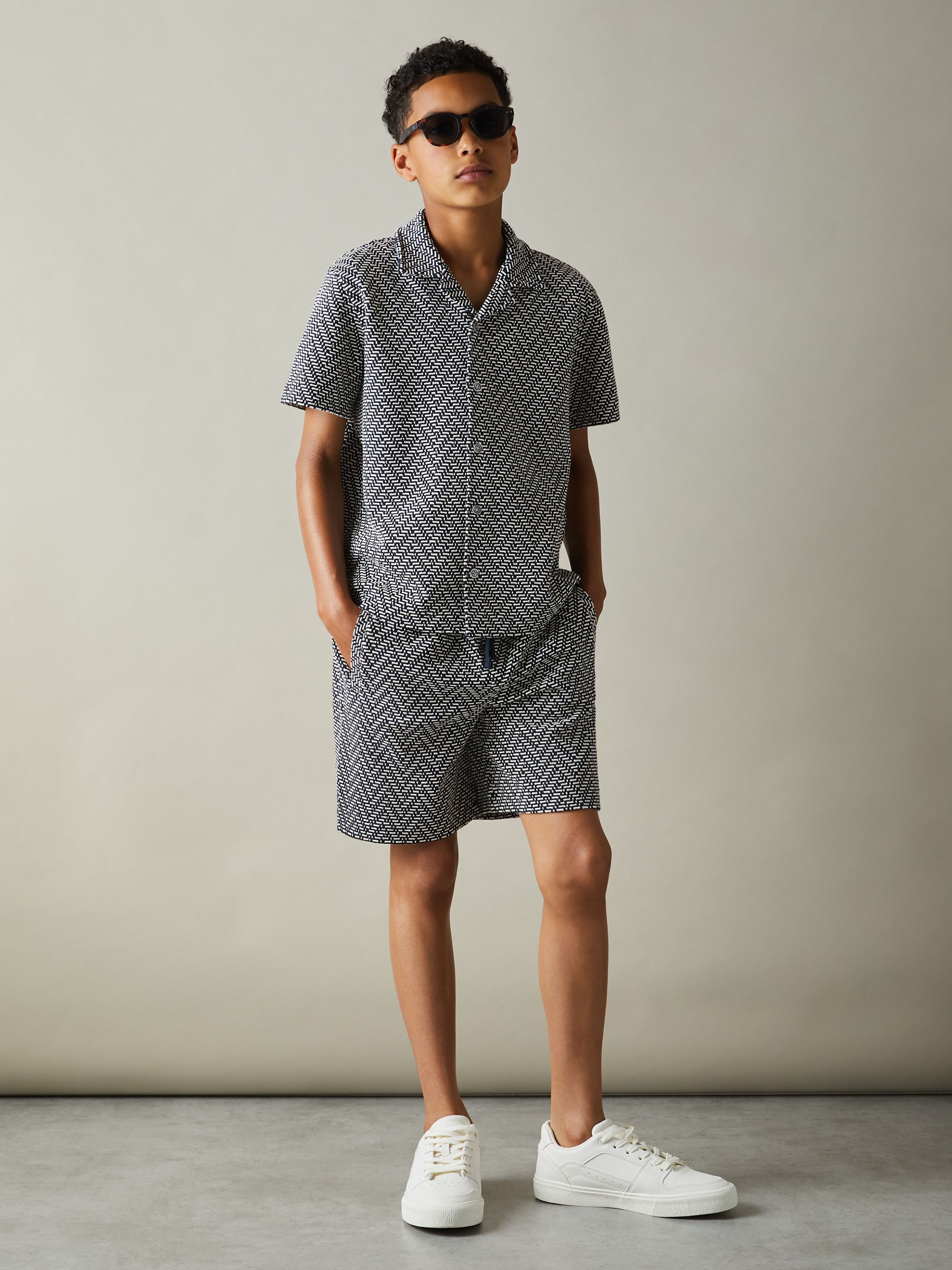 9-13 yrs Zig-Zag Cuban Collar Shirt in Navy