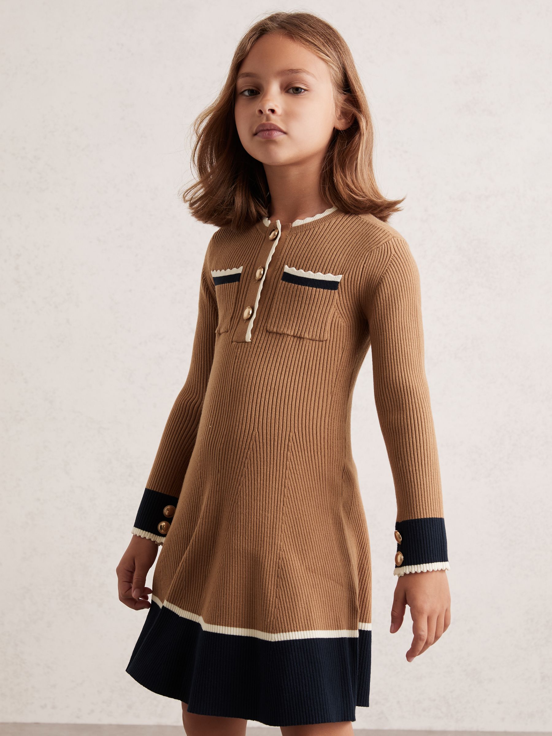 9-13 yrs Scallop-Trim Rib-Knit Dress in Camel